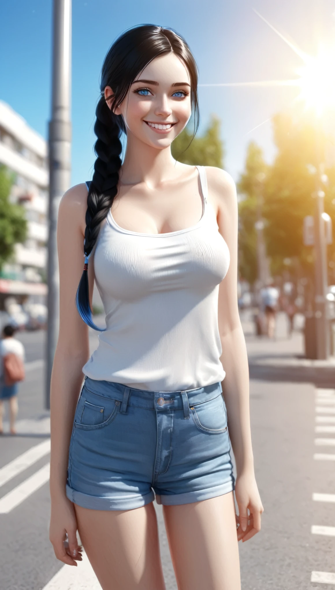 a beautiful smiling woman that is standing in the street, photo realistic, black twintail hair and blue eyes, hot with shining sun, large breast, sandals, ((full body:1.5)), wide angle shot