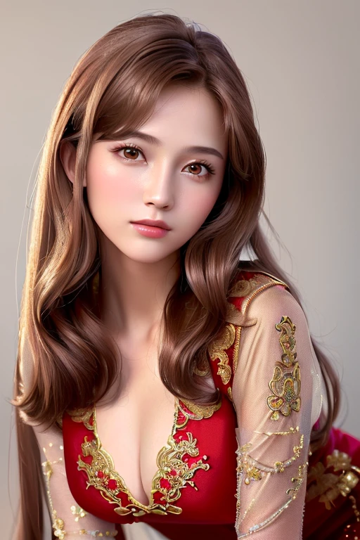 ((highest quality)), ((masterpiece)), (detailed), whole body、wallpaper、Perfect Face、Perfect body、Light brown hair、Beautiful Skin、Russian beauty、(masterpiece:1.3), (8k, Photorealistic, Raw photo, Best image quality: 1.4), (Rough long hairstyle:1.2)、:1.1、Wearing a red Chinese dress
