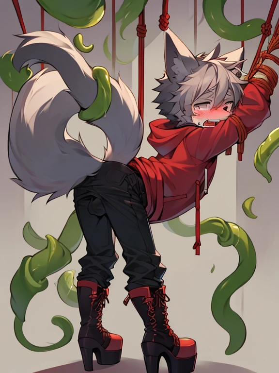 short gray hair ,solo, ,posture:Leaning forward,Open your mouth,Drooling,background:Erotic Trap Dungeon,Hanging rope,Weight on the end of the rope,Suspension,Tears,Feet floating,Restrain your arms,long pants,The tail is fluffy, hoodie，Shota,Grab the tail and look at it with interest, Lace-up long boots,Platform heels,Embarrassed face,penis,Vibrator,Tentacles from behind,Inserting a tentacle into the ass,Body restrained by tentacles,Leg cramps,Tentacles wrapped around a dick,Tentacles passing through my crotch,Heel standing