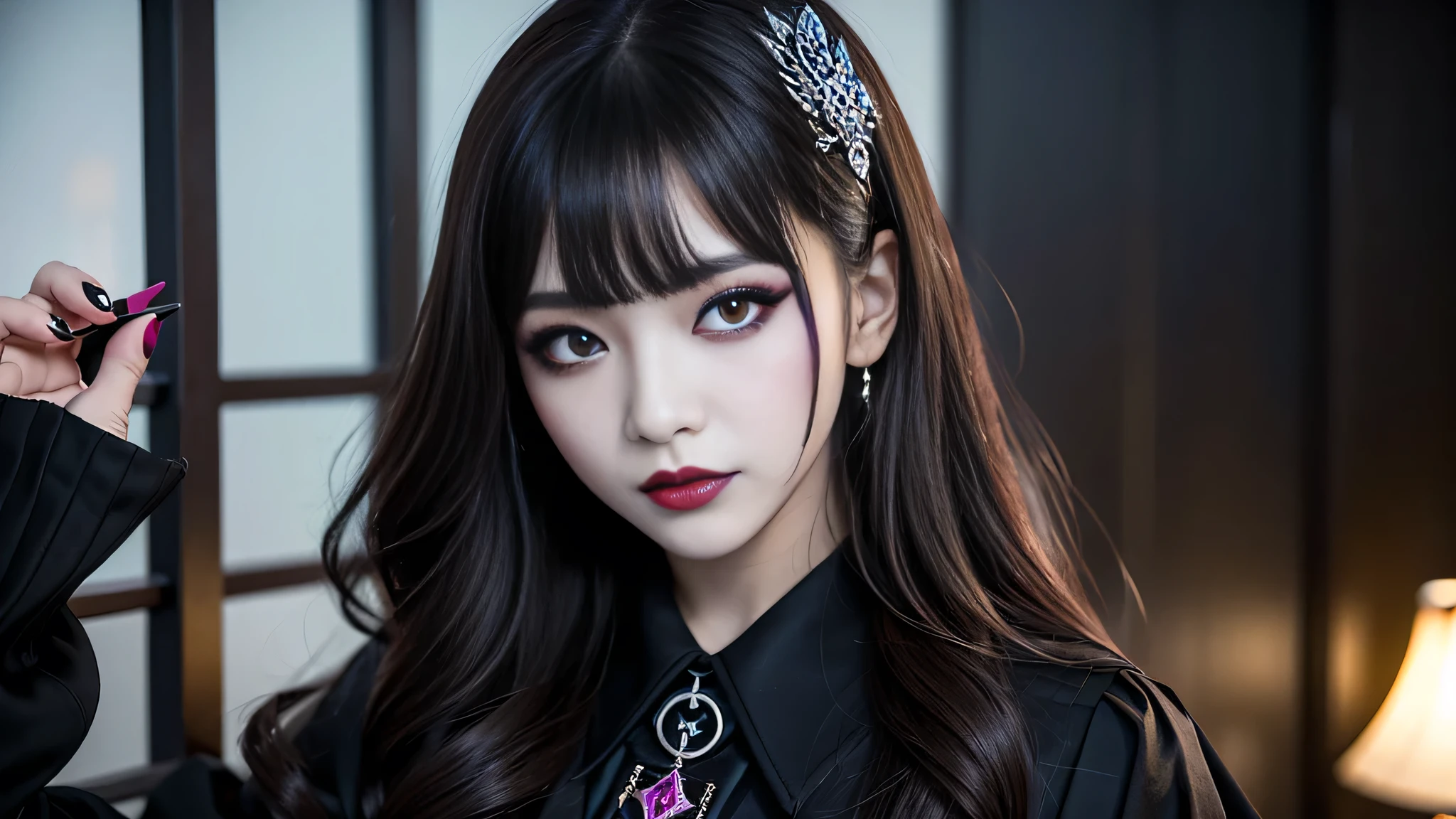 best quality、ultra-detailed、4k、Japanese、Seductive beauty、seductive adult woman、Pretty Woman、cool girl、Villainess、Brainwashed、brainwash、Fallen into evil、smirk、Evil look、Wicked Smile、evil、Brown hair、wavy hair、swept bangs、dark makeup、dark makeup、piercing eyes、hollow eyes,half-closed eyes、Hollow Eyes、purple Eyeshadow、black lipstick、black lipglos、Dark Costume、Costume of Evil、female cadres、night、inside school、Have lipstick、Emblem of Evil、Crest of Darkness、Swear allegiance、I have pledged my allegiance、Dye black、Blackening、Stained with evil、Dyed in darkness、Seduce
