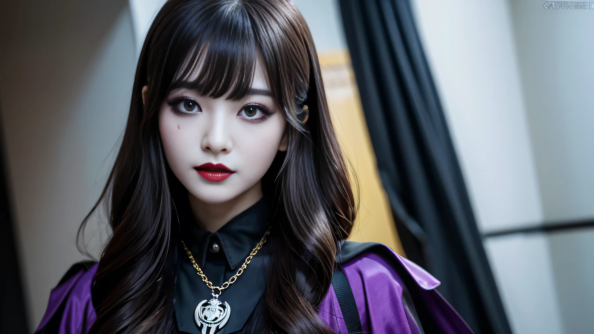 best quality、ultra-detailed、4k、Japanese、Seductive beauty、seductive adult woman、Pretty Woman、cool girl、Villainess、Brainwashed、brainwash、Fallen into evil、smirk、Evil look、Wicked Smile、evil、Brown hair、wavy hair、swept bangs、dark makeup、dark makeup、piercing eyes、hollow eyes,half-closed eyes、Hollow Eyes、purple Eyeshadow、black lipstick、black lipglos、Dark Costume、Costume of Evil、female cadres、night、inside school、Have lipstick、Emblem of Evil、Crest of Darkness、Swear allegiance、I have pledged my allegiance、Dye black、Blackening、Stained with evil、Dyed in darkness、Seduce