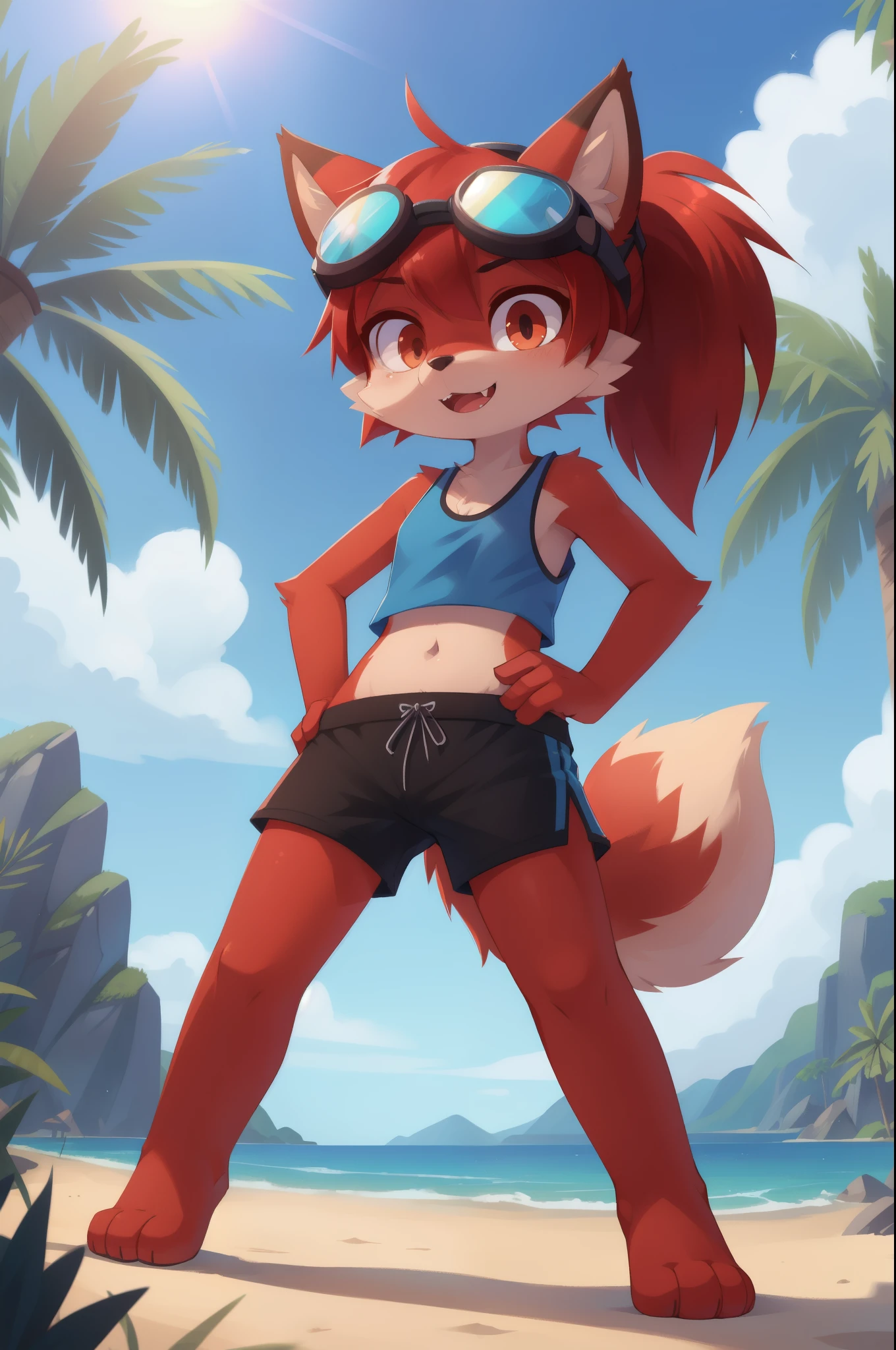 Furry girl, young, fox, red hair, emo bangs, one eye covering by hair bangs, short spiky ponytail, orange eyes, detailed body fur, ((goggles, blue tank top, midriff, black swim trunks)), masterpiece, looking at you, fangs, two tone body fur, red body fur, clear red body fur, detailed face, big eyebrows, detailed eyes, detailed body, detailed body fur, detailed hands, flat body, glistering body, shiny body, skinny, :3, glow throughout the scene, dynamic angle, standing, beach, clear sky, hands on hips, full body, feets with three toes, 3 toes,