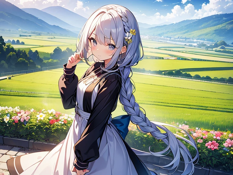 masutepiece, Best Quality,Illustration, Wallpaper, Ultra Detail, Absurd beauty、1 beautiful girl、 (Semi-long hair、short braided hair), Beautiful ultra-detailed eyes , Hair fluttering in the wind、Keep your head small、flower field、great outdoors、Scenery of a flower garden circling around
