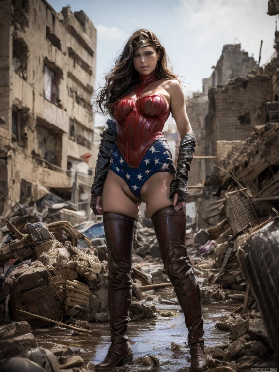 standing in the rubble muck and debris Covered with tentacles, wonder woman, Tentacles around the body, many tentacles, Fine details,Tentacled,Tied with tentacles,giant black tentacles,drooling,Crying,Detailed body,Full limbs,cameltoe