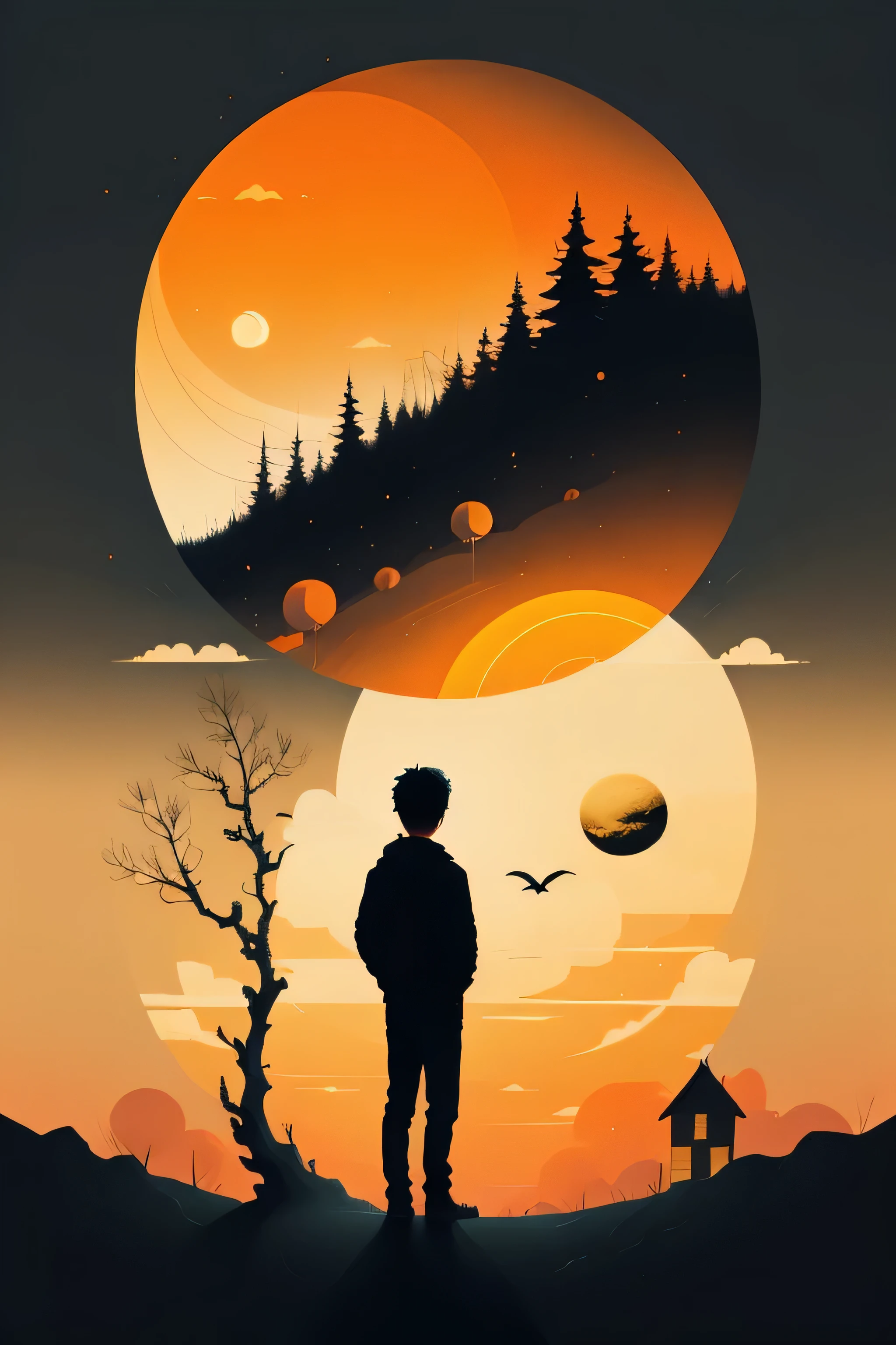 ch,silhouette,tree,solo,moon,orange theme,outdoors,sun,orange background,orange sky,scenery,standing,1boy,1other,bare tree,