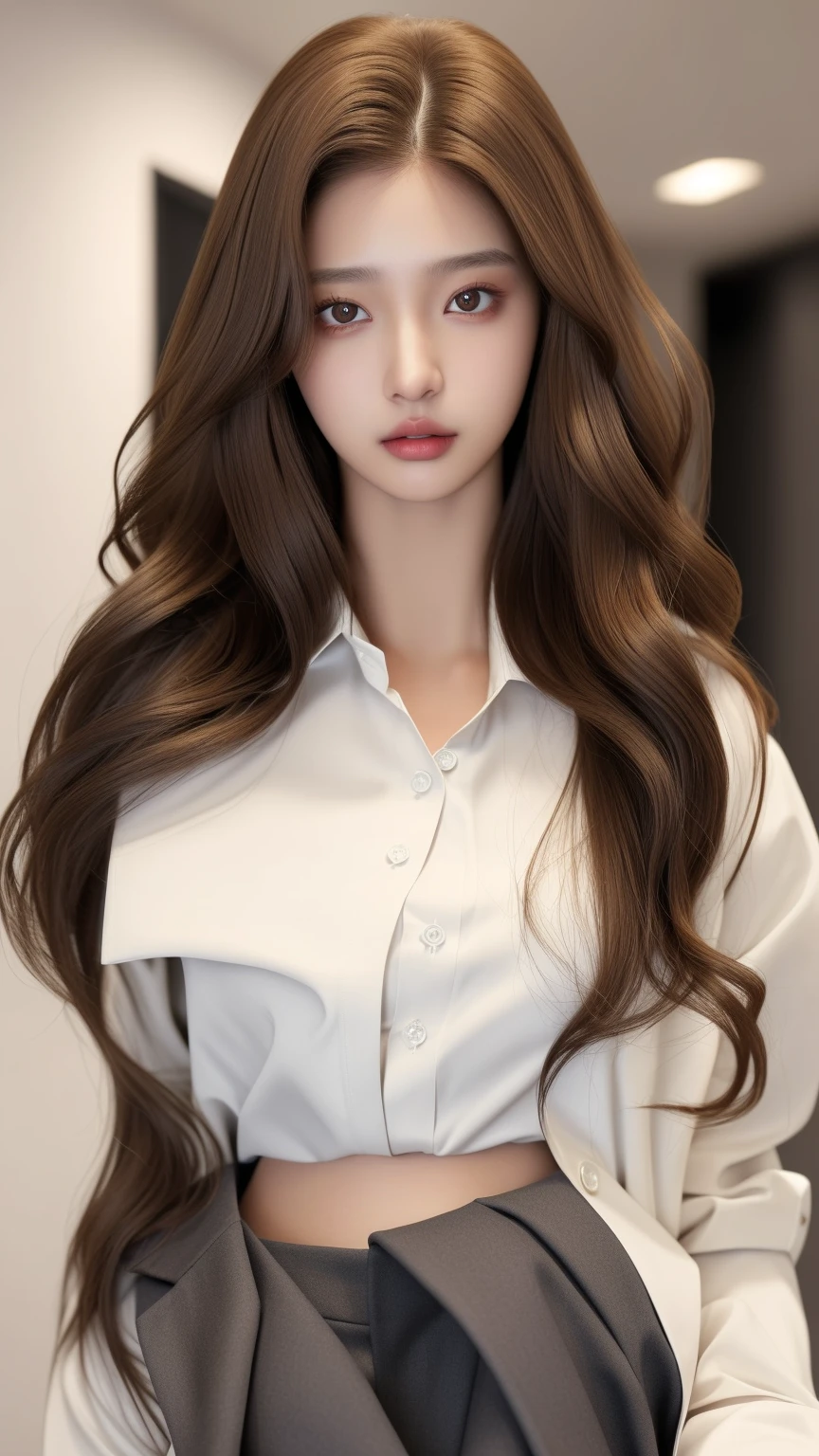 Sexy and cute woman, black brown hair, long hair, straight hair, weak eyes, blushing intensely, lips parted, ready to kiss, long oversized white shirt transparente