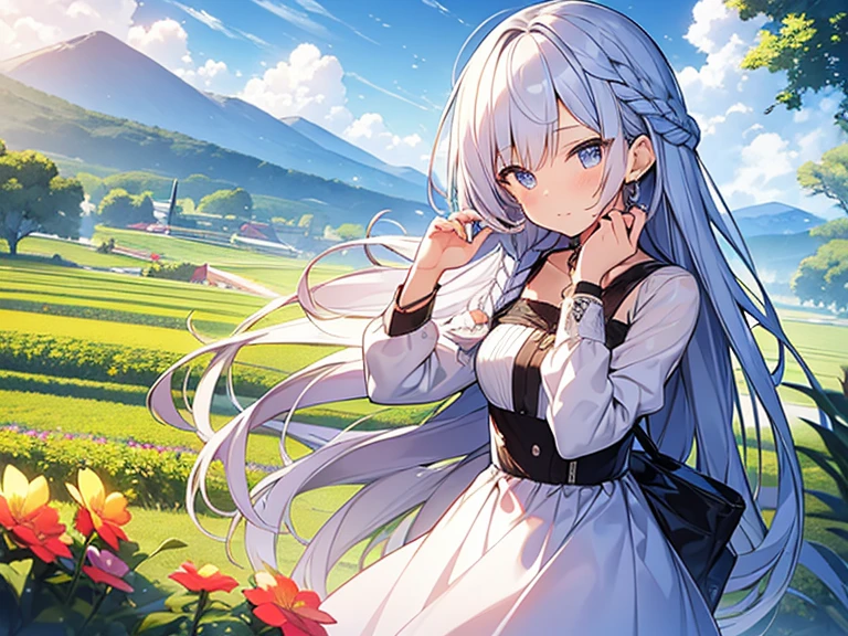 masutepiece, Best Quality,Illustration, Wallpaper, Ultra Detail, Absurd beauty、1 beautiful girl、 (long hair、short braided hair), Beautiful ultra-detailed eyes , Hair fluttering in the wind、Keep your head small、flower field、great outdoors、Scenery of a flower garden circling around