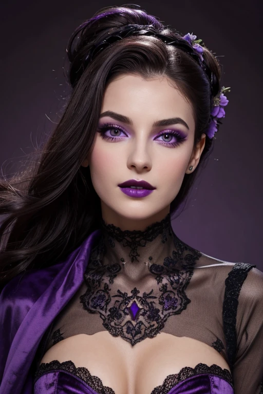 Jeune femme de 25 ans, visage fin, cheveux long, yeux marrons, HD, 8K, masterpiece, sourire romantique, sexy, mascara noir, maquillage noir, black lips, tenue gothique, vêtements noirs et violets, toile d'araignée en dentelle, cheveux noirs et violets, bodypainting, purple paint, purple tears on the cheecks, dracula, lying in a large purple velvet bed