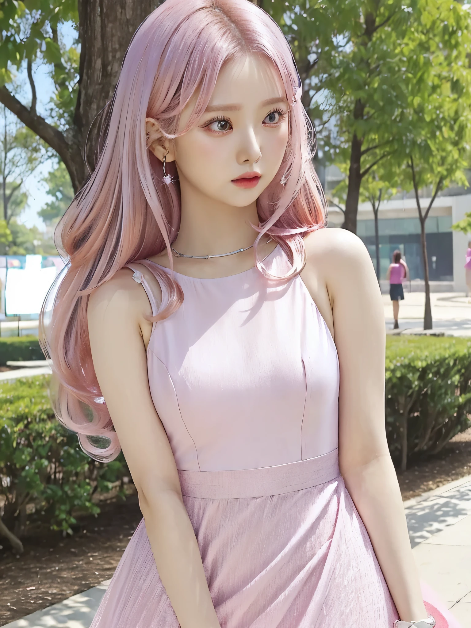 ((1girl)), pink hair, ((fuchsia dress)), short dress, white background, portrait, stand alone, in a park, medium close-up