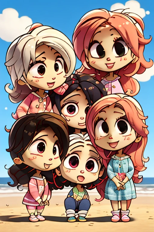 6 amigas jovens reunidas, brancas e felizes. E junto delas um bebe.