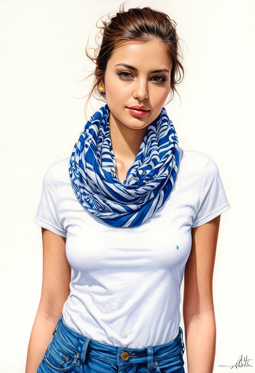 create a woman with a t-shirt and scarf around her neck, obra maestra, estilo ilustracion de Ali Erturk, alto detalle, hiperrealista, luz natural,ilustracion , colores llamativos fondo de mariposas