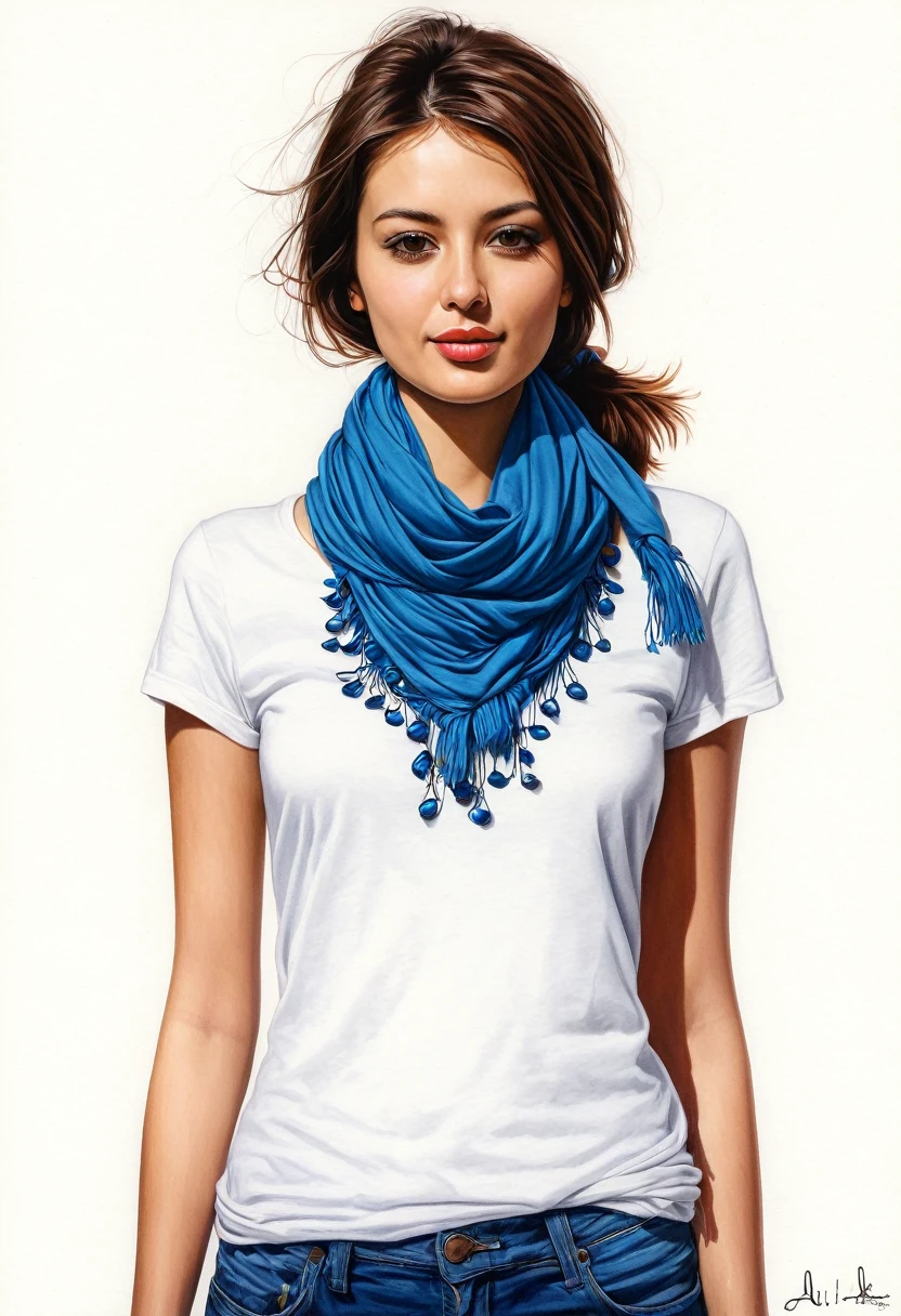 create a woman with a t-shirt and scarf around her neck, obra maestra, estilo ilustracion de Ali Erturk, alto detalle, hiperrealista, luz natural,ilustracion , colores llamativos fondo de mariposas