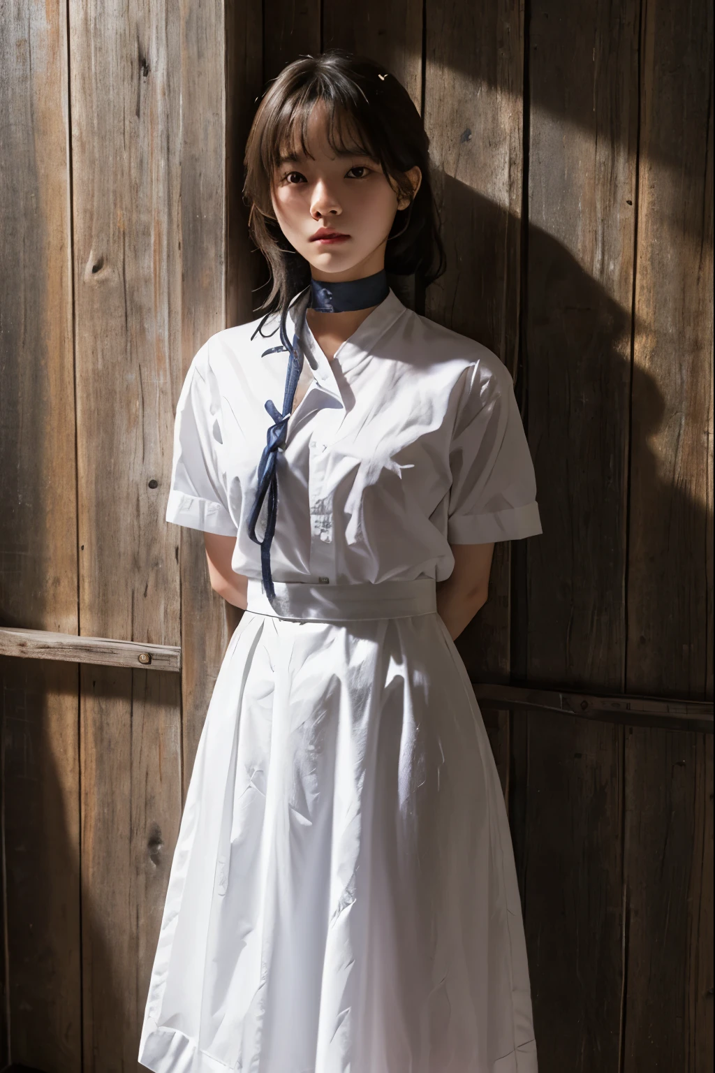 A cute girl is confined and tied up、Beauty、Make your eyes even、My hands are tied with ropes、Inside the mountain hut、White short-sleeved shirt、Navy semi-long skirt、Standing in front of a wall、Age 25、Medium build、Like real life、highest quality、