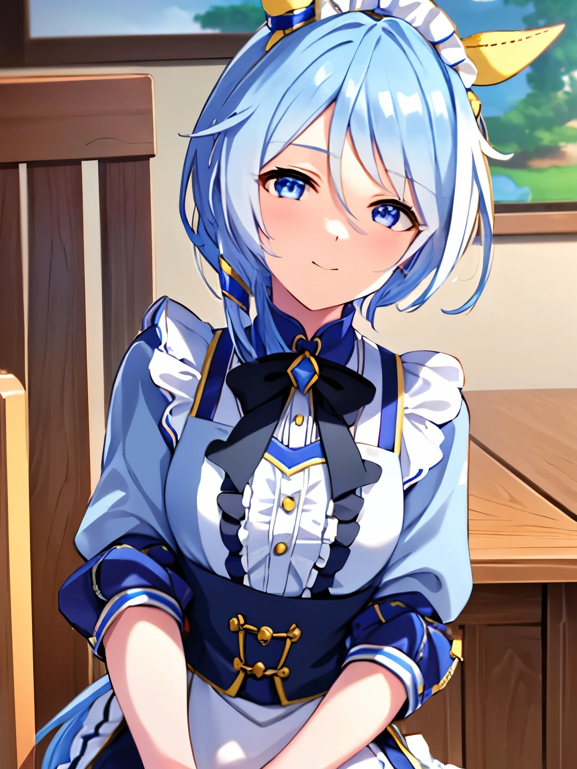 One girl, hair.S.miracle, umamuSume, horSe girl, Blue Hair, Maid, Main apron, Maid headdreSS, Blue Hair, Solo, Movie angle, loohairing bachair, loohairing at viewer, We say, cloSe-up, Smile, cloSed mouth, maSterpiece, Very detailed, highreS, beSt quality, abSurdreS