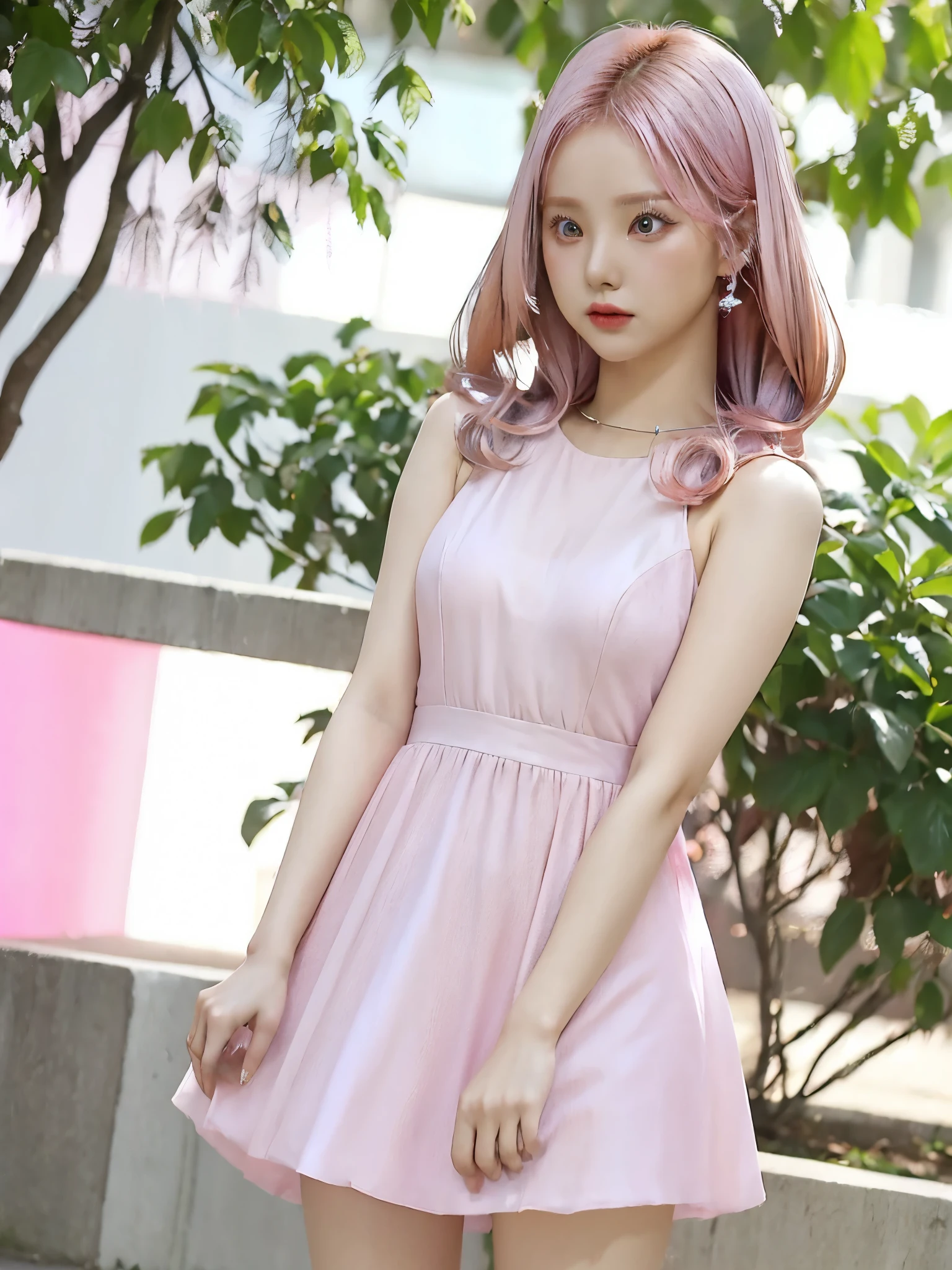 ((1girl)), pink hair, ((fuchsia dress)), short dress, white background, portrait, stand alone, in a park, medium close-up 