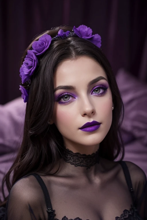 Jeune femme de 25 ans, visage fin, cheveux long, yeux marrons, HD, 8K, masterpiece, sourire romantique, sexy, mascara noir, maquillage noir, black lips, tenue gothique, vêtements noirs et violets, toile d'araignée en dentelle, cheveux noirs et violets, bodypainting, purple paint, purple tears on the cheecks, dracula, lying in a large purple velvet bed