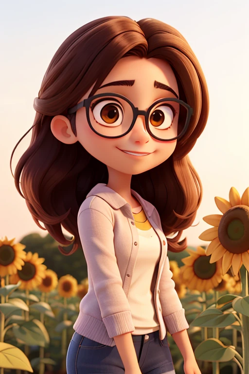 uma jovem sozinha, com cabelo solto cor de cobre, brown eyes and glasses ,holding some sunflowers 