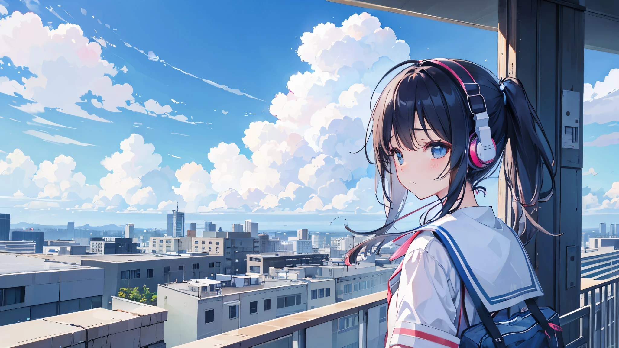 summer、null、cloud、uniform、、youth、Sad face、Headphones、School rooftop、Panorama
