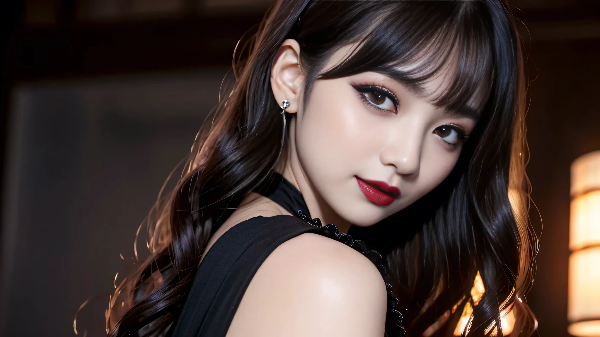 best quality、ultra-detailed、4k、Japanese、Seductive beauty、seductive adult woman、Pretty Woman、cool girl、Villainess、Brainwashed、brainwash、Fallen into evil、smirk、Evil look、Wicked Smile、evil、Brown hair、wavy hair、swept bangs、dark makeup、dark makeup、piercing eyes、hollow eyes,half-closed eyes、Hollow Eyes、purple Eyeshadow、black lipstick、black lipglos、Dark Costume、Costume of Evil、female cadres、night、inside school、Have lipstick、Emblem of Evil、Crest of Darkness、Swear allegiance、I have pledged my allegiance、Dye black、Blackening、Stained with evil、Dyed in darkness、Seduce