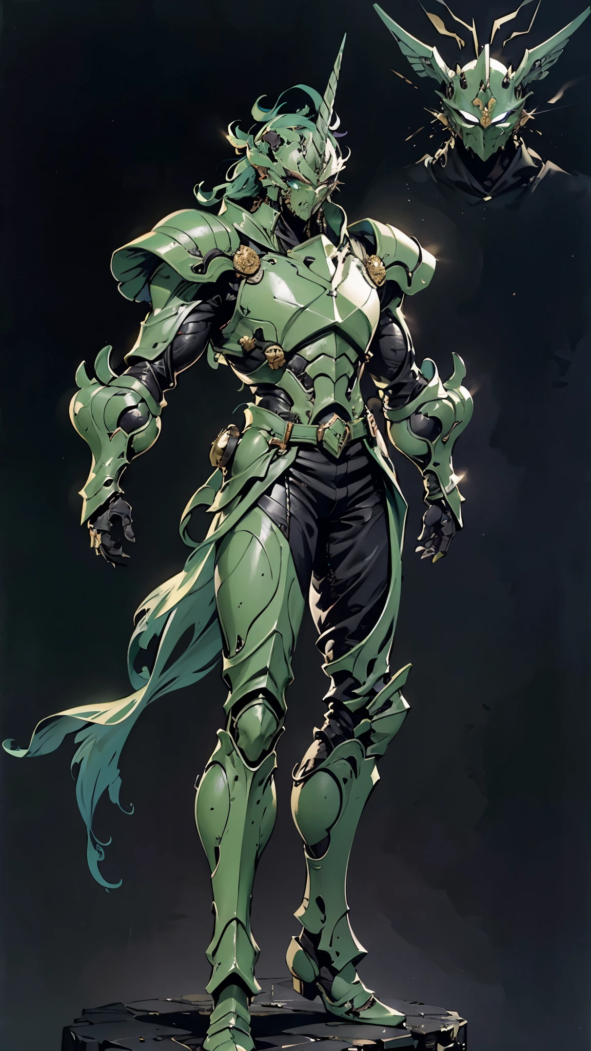 A man wearing a full-face helmet, a fantasy-style biotech armored combat suit, green eyes, (a composite layered chest armor), fully enclosed shoulder guards, matching arm and leg guards, the belt is adorned with Horseshoe-shaped marker, (the color scheme is primarily white with green accents), the design balances heavy with agility, a high-tech bio-mecha armor, (Armor Concept Inspired by Unicorn, stand on the top of a skyscraper in a futuristic sci-fi city), this character embodies a finely crafted fantasy-surreal style armored hero in anime style, exquisite and mature manga art style, (battle damage, element, plasma, energy, the armor glows), ((male:1.5)), metallic, real texture material, dramatic, high definition, best quality, highres, ultra-detailed, ultra-fine painting, extremely delicate, professional, perfect body proportions, golden ratio, anatomically correct, symmetrical face, extremely detailed eyes and face, high quality eyes, creativity, RAW photo, UHD, 32k, Natural light, cinematic lighting, masterpiece-anatomy-perfect, masterpiece:1.5