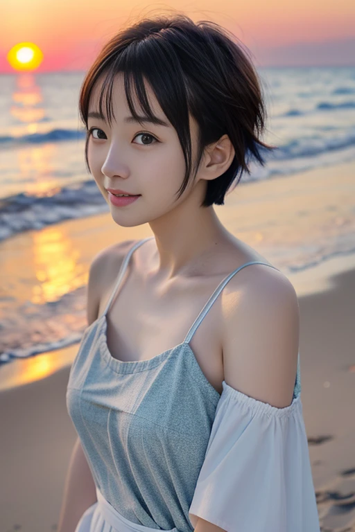 1 girl、Beautiful 17 year old Japanese girl、Bright expression、((Very short short hair)) 、1 girl、Small face、Cute Face、Gray Hair:1.5、Bob、short hair、Looking into the camera、Small breastalaise、(((camisole、one piece)))、Particles of light、Sunset sea、Calm sea、White sand beach、Very beautiful sunset、RAW Photos、highest quality、High resolution、High resolution、masterpiece：1.3、８ｋ、１２ｋ、Professional Photographer、