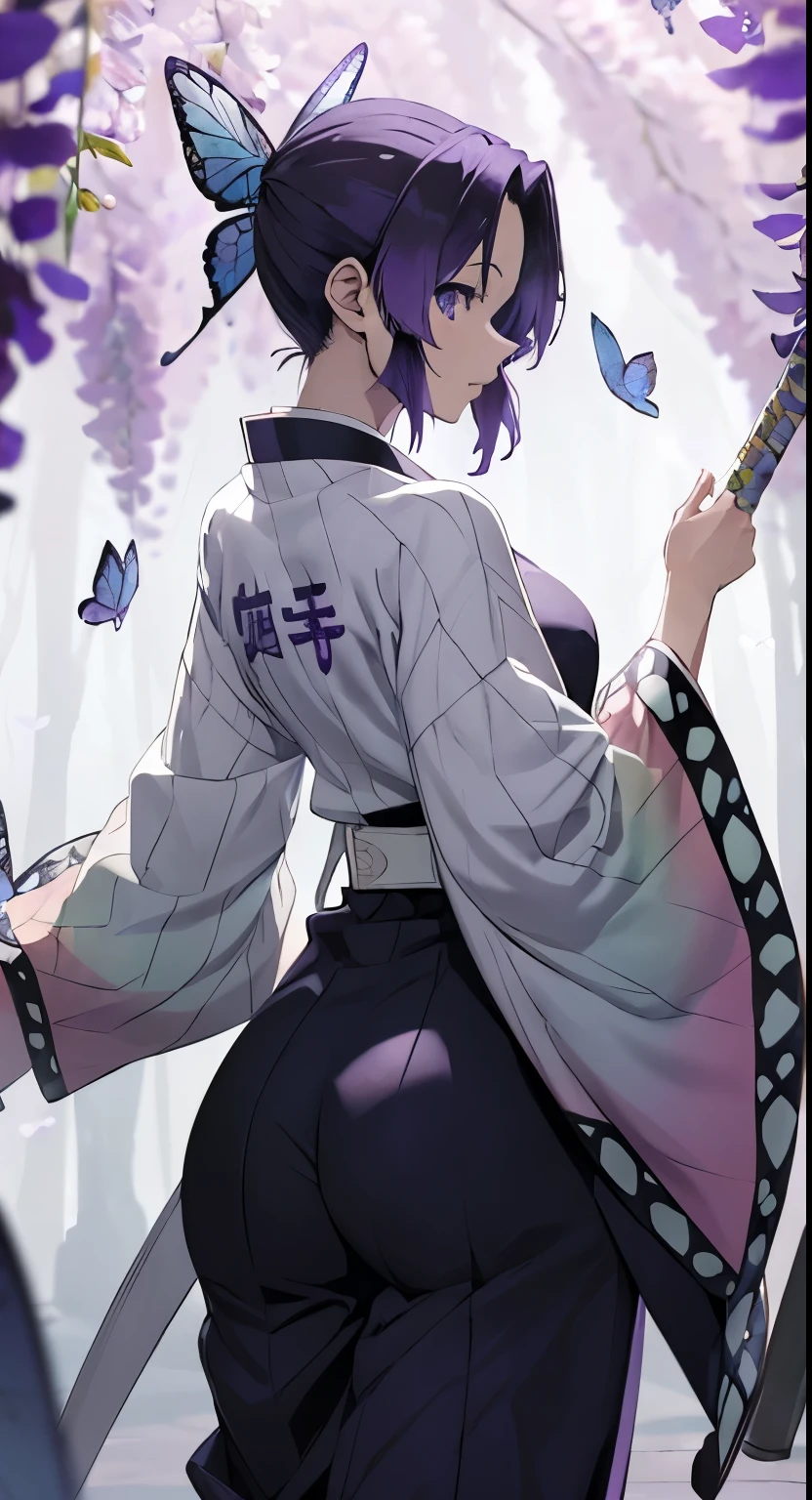 shinobu kochou, long hair, solo, PERFECT ANATOMY, photograph from behind, purple hair, blue eyes, FULL BODY HAKAMA, butterflies, looking at camera, tight full body hakama, tight clothes cover whole body, perfect thicc hips