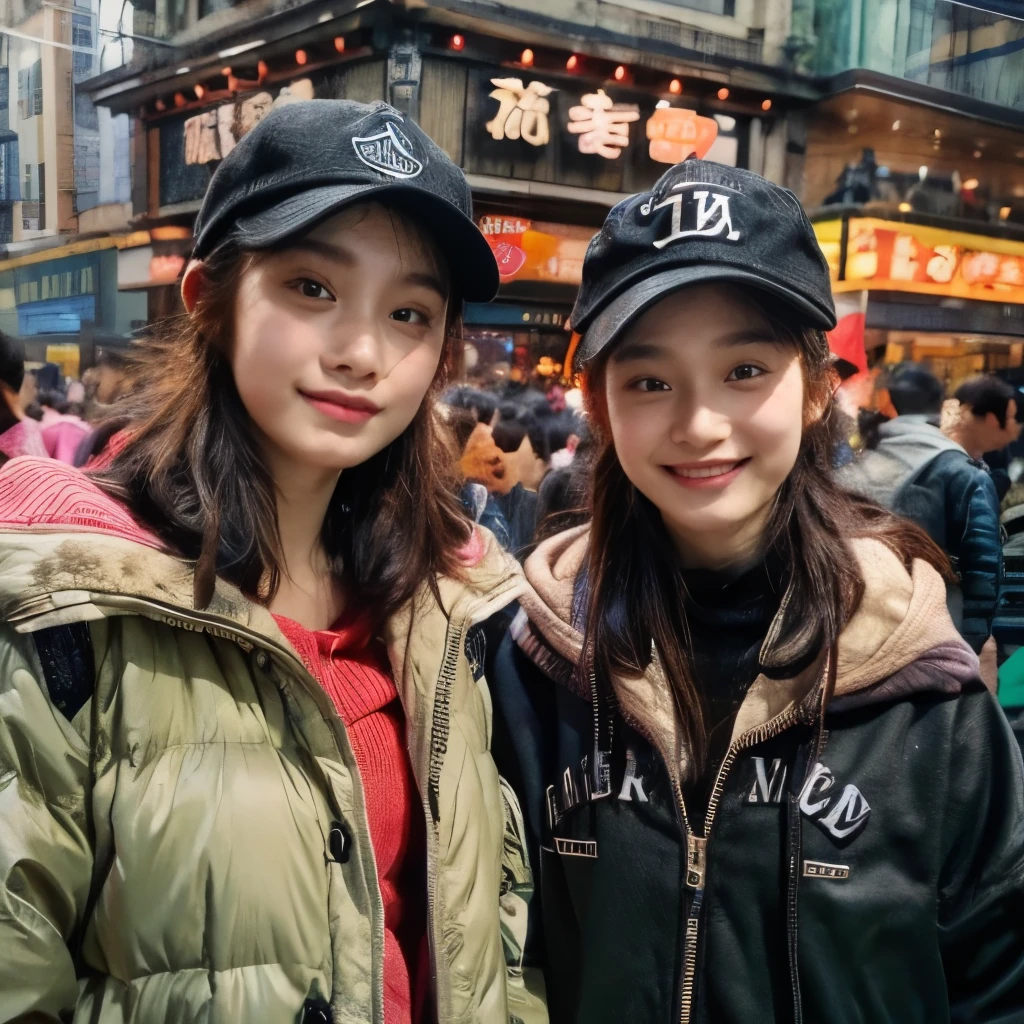 Identical twin sisters wearing the same black Apollo cap。In the background is East Nanjing Road in Shanghai。Shallow depth of field、Background is blurred。gathered in the middle。The girl on the left is、He is wearing a black hat and a black down jacket over a red hoodie.。, And with your left hand you are holding the piece close to your face.。The girl on the right is wearing a light brown hat., A black down jacket over an orange sweatshirt, And in his right hand he holds the piece.