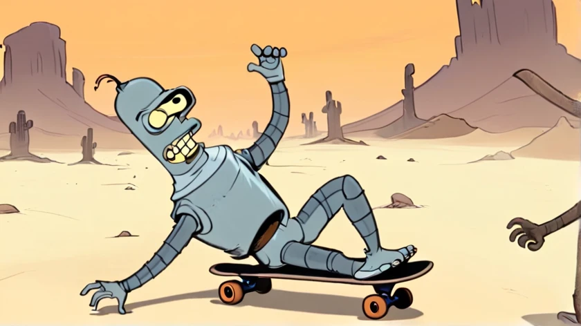 Bender playing Electric Guitar riding Skateboard on Desert at Graveyard