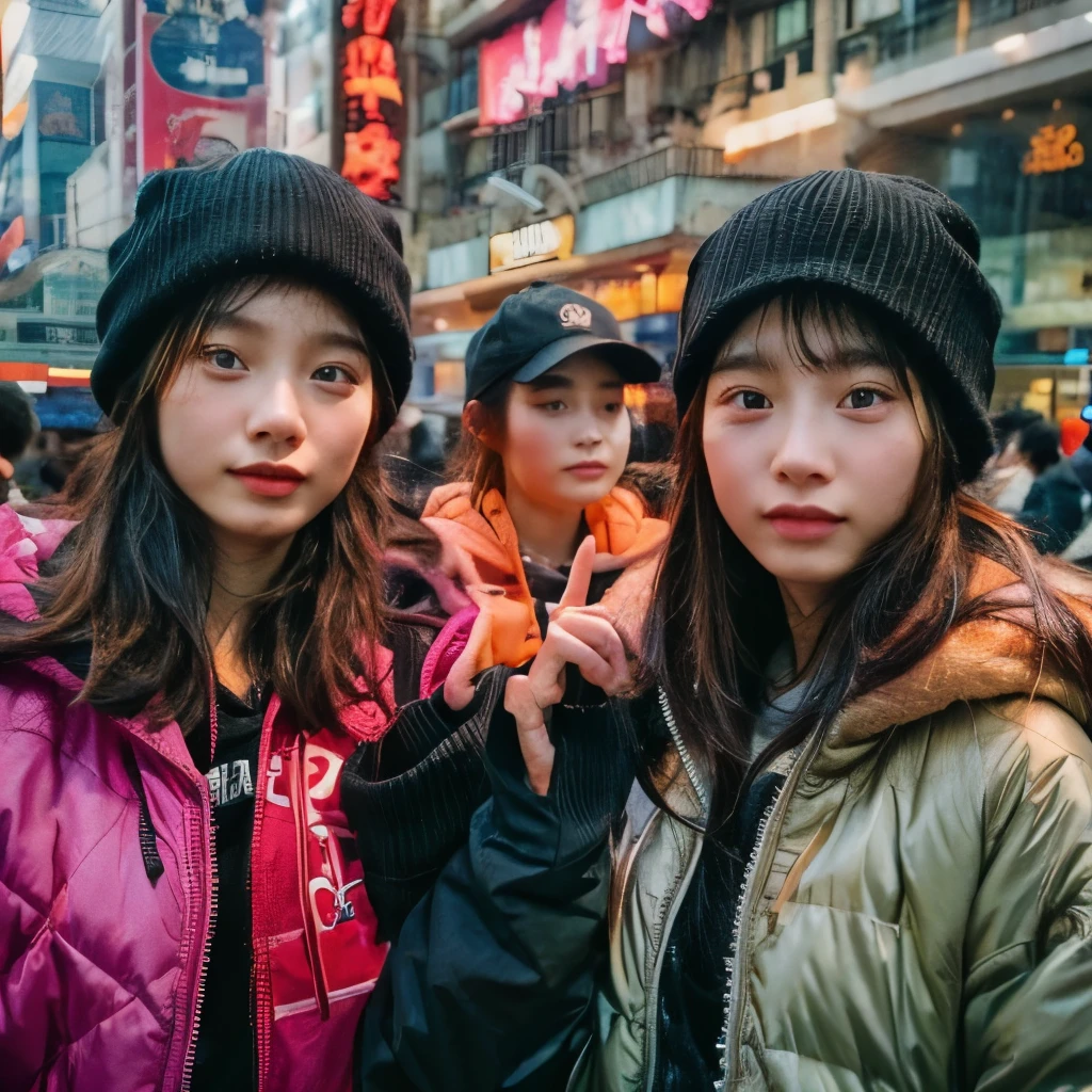 Identical twin sisters wearing the same black Apollo cap。In the background is East Nanjing Road in Shanghai。Shallow depth of field、Background is blurred。gathered in the middle。The girl on the left is、He is wearing a black hat and a black down jacket over a red hoodie.。, And with your left hand you are holding the piece close to your face.。The girl on the right is wearing a light brown hat., A black down jacket over an orange sweatshirt, And in his right hand he holds the piece.