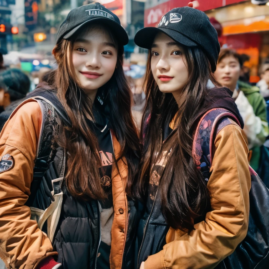 Identical twin sisters wearing the same black Apollo cap。In the background is East Nanjing Road in Shanghai。Shallow depth of field、Background is blurred。gathered in the middle。The girl on the left is、He is wearing a black hat and a black down jacket over a red hoodie.。, And with your left hand you are holding the piece close to your face.。The girl on the right is wearing a light brown hat., A black down jacket over an orange sweatshirt, And in his right hand he holds the piece.