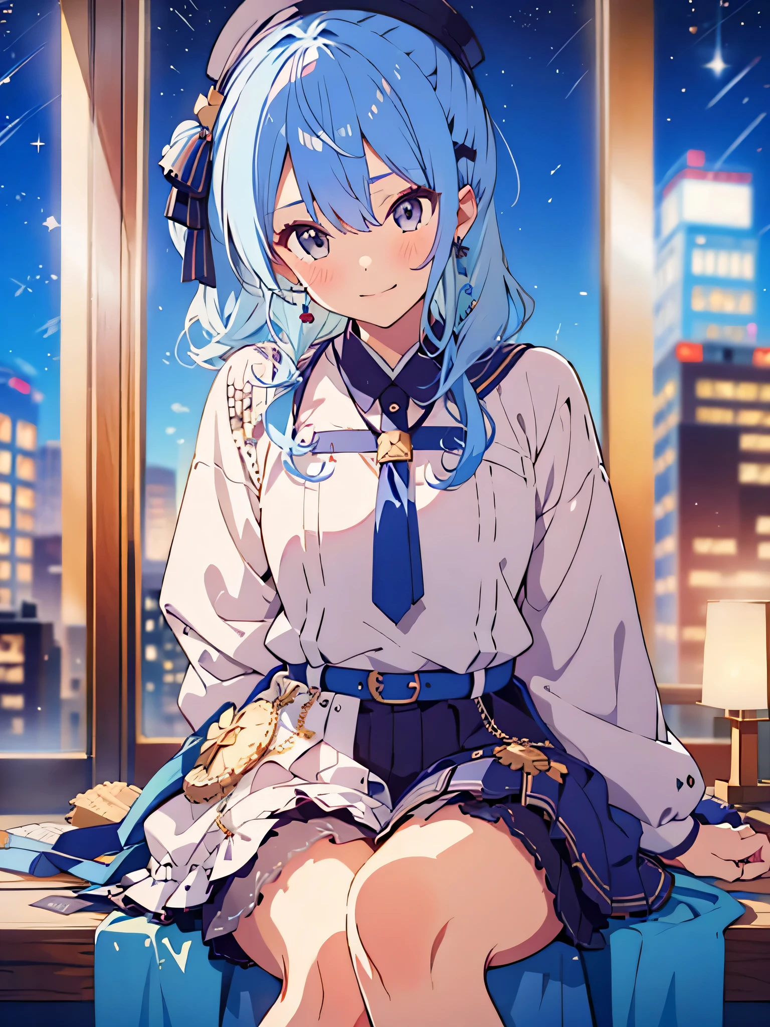 hoshimachi suisei,NSFW:1.4,masterpiece, best quality,(((color trace))),looking at viewer,((short stature)),1girl, solo, open eyes,smile,sitting on bed,((((blue hair)))),blue panty,blush,blurry,between legs,facing viewer,small breasts,feet out of frame,depth of field,(((night))),in the room
