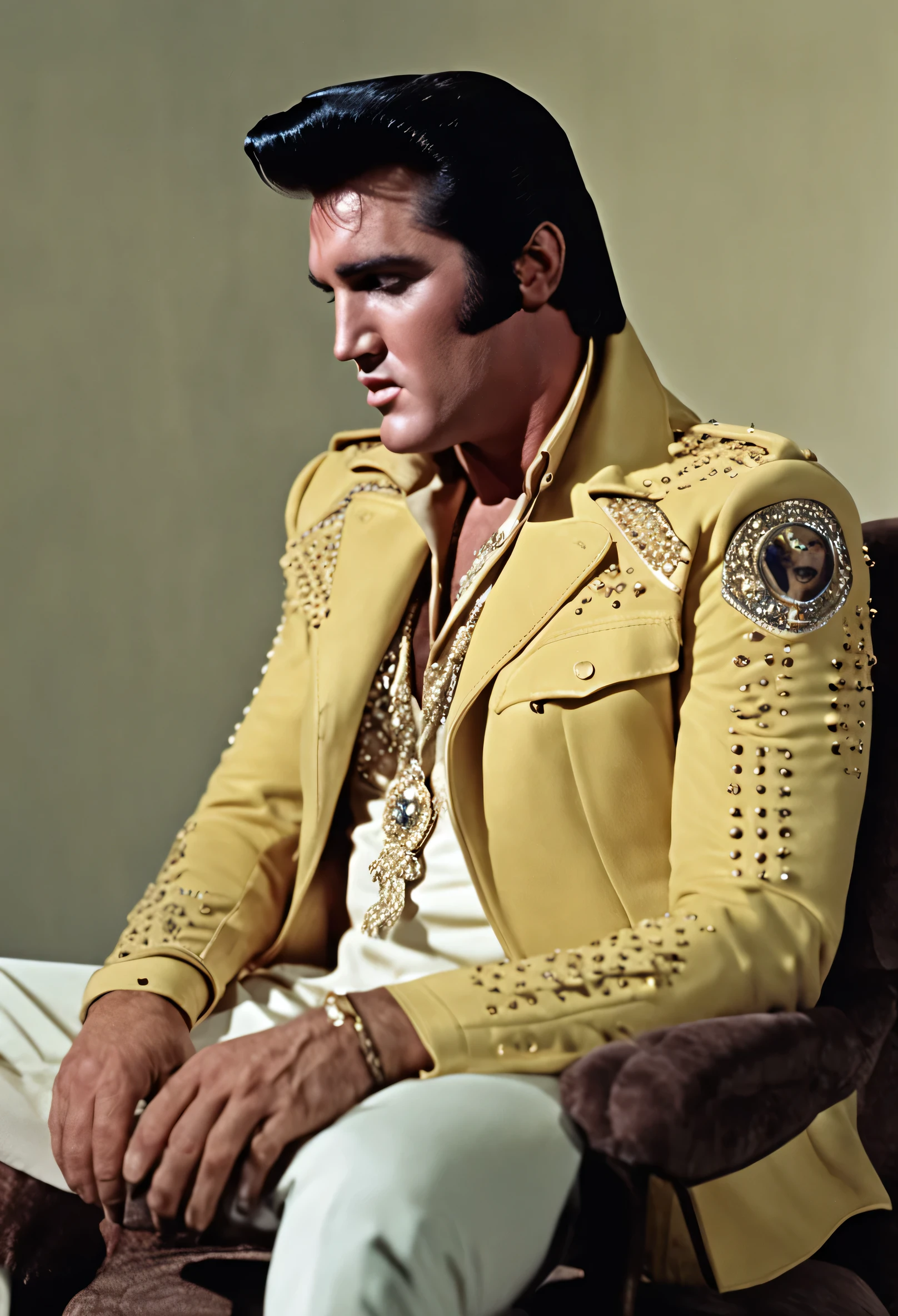 Elvis Presley com uma jaqueta preta sentado em um trono como rei, mau, Elvis Presley Estiloso, detalhes de roupas, textura 8K, 8K, detalhes insanos, detalhes complexos, hiperdetalhados altamente detalhados, realistas, soft cinematic light, HDR, sharp focus, ((((cinematic visual)))), intrincado, elegante, altamente detalhado