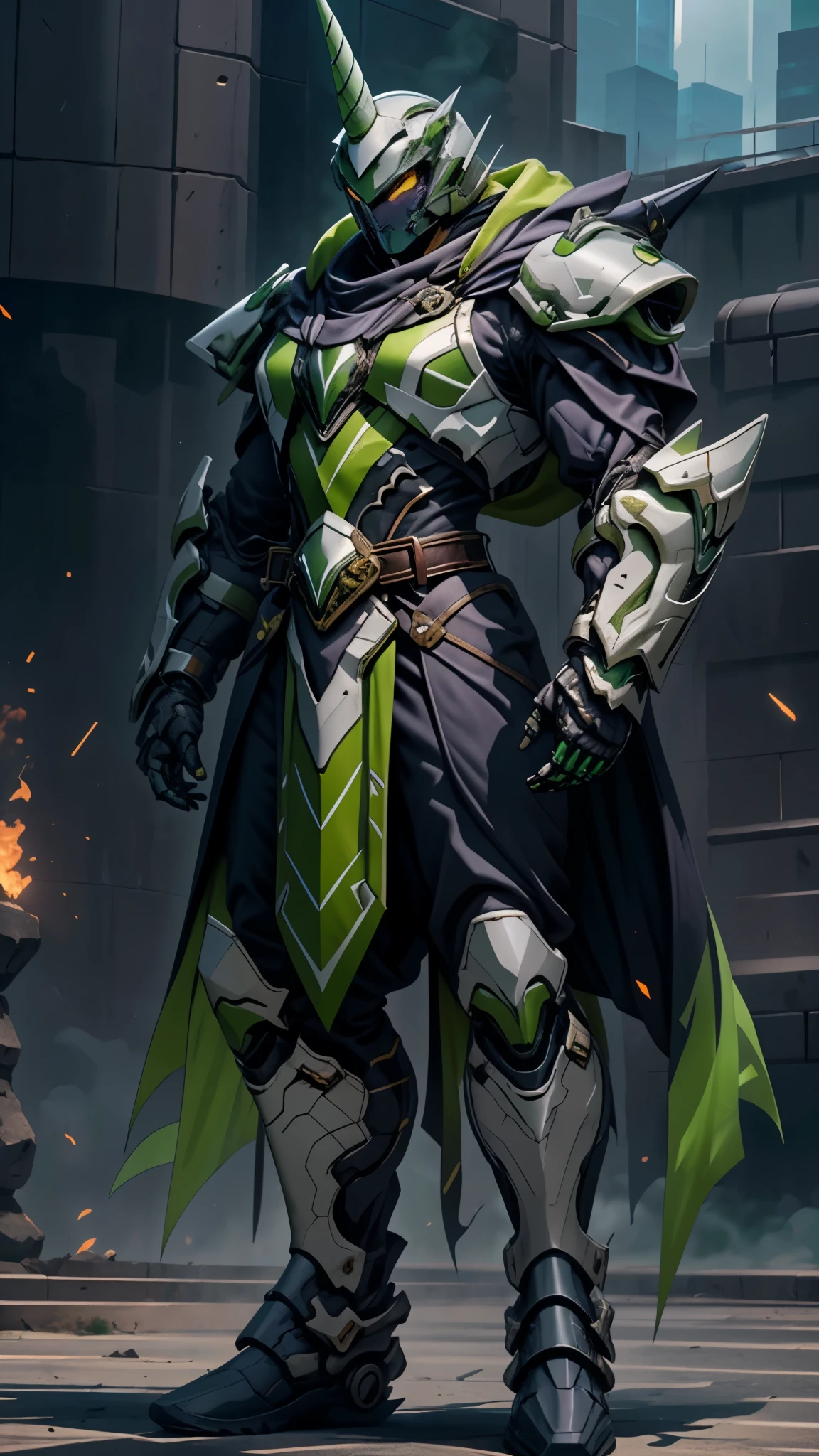 A man wearing a full-face helmet, a fantasy-style biotech armored combat suit, green eyes, (a composite layered chest armor), fully enclosed shoulder guards, matching arm and leg guards, the belt is adorned with Horseshoe-shaped marker, (the color scheme is primarily white with green accents), the design balances heavy with agility, a high-tech bio-mecha armor, (Armor Concept Inspired by Unicorn, stand on the top of a skyscraper in a futuristic sci-fi city), this character embodies a finely crafted fantasy-surreal style armored hero in anime style, exquisite and mature manga art style, (battle damage, element, plasma, energy, the armor glows), ((male:1.5)), metallic, real texture material, dramatic, high definition, best quality, highres, ultra-detailed, ultra-fine painting, extremely delicate, professional, perfect body proportions, golden ratio, anatomically correct, symmetrical face, extremely detailed eyes and face, high quality eyes, creativity, RAW photo, UHD, 32k, Natural light, cinematic lighting, masterpiece-anatomy-perfect, masterpiece:1.5