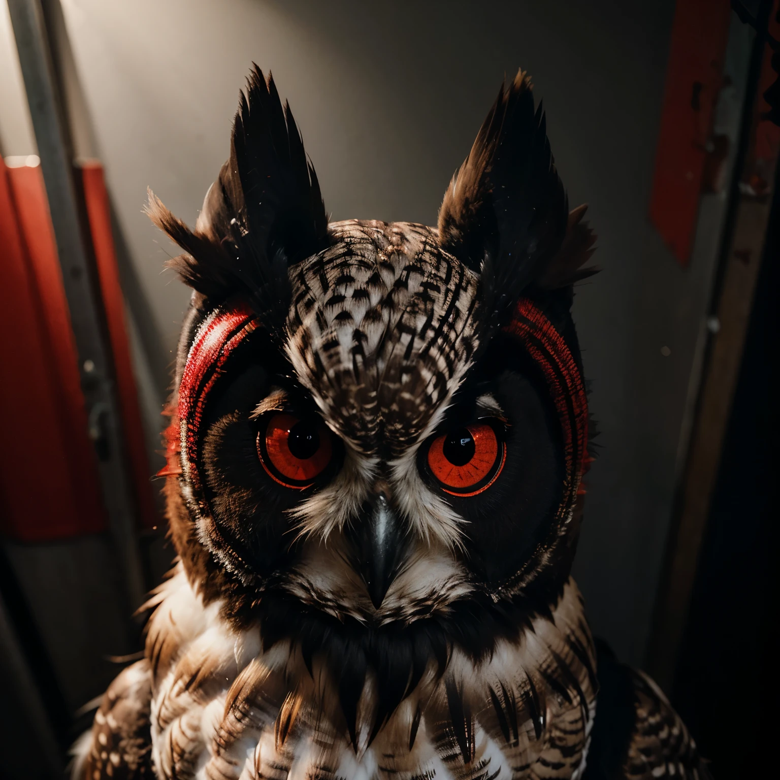 Make an owl with red eyes as graphic elements