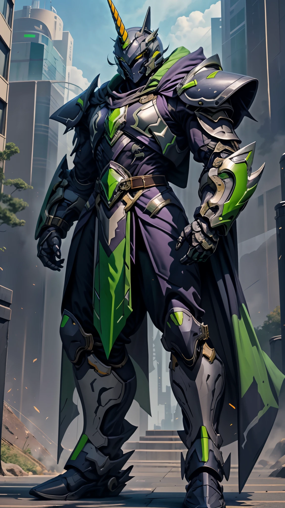 A man wearing a full-face helmet, a fantasy-style biotech armored combat suit, green eyes, (a composite layered chest armor), fully enclosed shoulder guards, matching arm and leg guards, the belt is adorned with Horseshoe-shaped marker, (the color scheme is primarily white with green accents), the design balances heavy with agility, a high-tech bio-mecha armor, (Armor Concept Inspired by Unicorn, stand on the top of a skyscraper in a futuristic sci-fi city), this character embodies a finely crafted fantasy-surreal style armored hero in anime style, exquisite and mature manga art style, (battle damage, element, plasma, energy, the armor glows), ((male:1.5)), metallic, real texture material, dramatic, high definition, best quality, highres, ultra-detailed, ultra-fine painting, extremely delicate, professional, perfect body proportions, golden ratio, anatomically correct, symmetrical face, extremely detailed eyes and face, high quality eyes, creativity, RAW photo, UHD, 32k, Natural light, cinematic lighting, masterpiece-anatomy-perfect, masterpiece:1.5