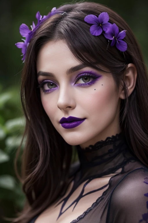 Jeune femme de 25 ans, visage fin, cheveux long, yeux marrons, HD, 8K, masterpiece, sourire romantique, sexy, mascara noir, maquillage noir, black lips, tenue gothique, vêtements noirs et violets, toile d'araignée en dentelle, cheveux noirs et violets, bodypainting, purple paint, purple tears on the cheecks, dracula, dans un parc, sous la pluie, maquillage et peinture coulants