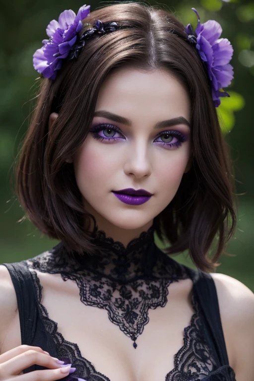 Jeune femme de 25 ans, visage fin, cheveux long, yeux marrons, HD, 8K, masterpiece, sourire romantique, sexy, mascara ????, maquillage ????, black lips, tenue gothique, vêtements noirs et violets, toile d'araignée en dentelle, cheveux noirs et violets, bodypainting, purple paint, purple tears on the cheecks, dracula, dans un parc, sous la pluie, maquillage et peinture coulants