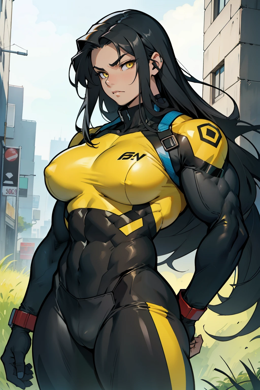 ((muscular)) large breasts thick thick thick thick thick skin tight suit pale skin black hair yellow eyes very long hair sad 