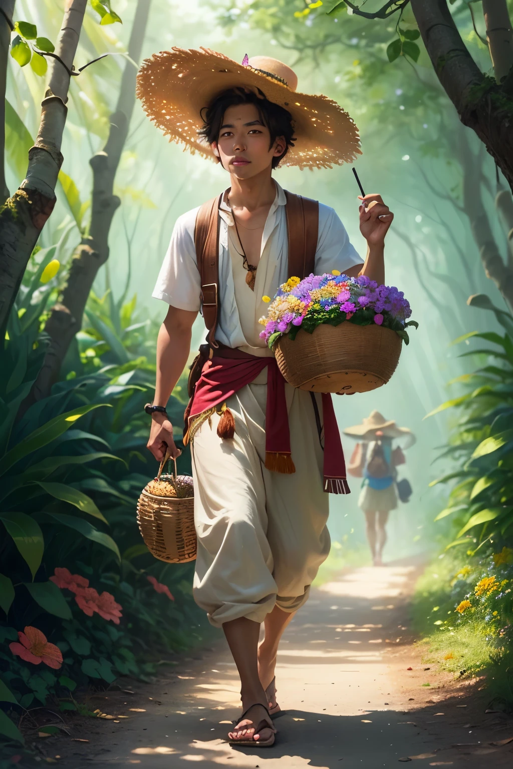 I want you to draw a drawing of a personified heart that walks along a path full of flowers and butterflies.
and he collects coconuts in his basket that he carries hanging on his arm and is accompanied by his friend who is another maroon heart and wears a small straw hat. and they are in an enchanted forest