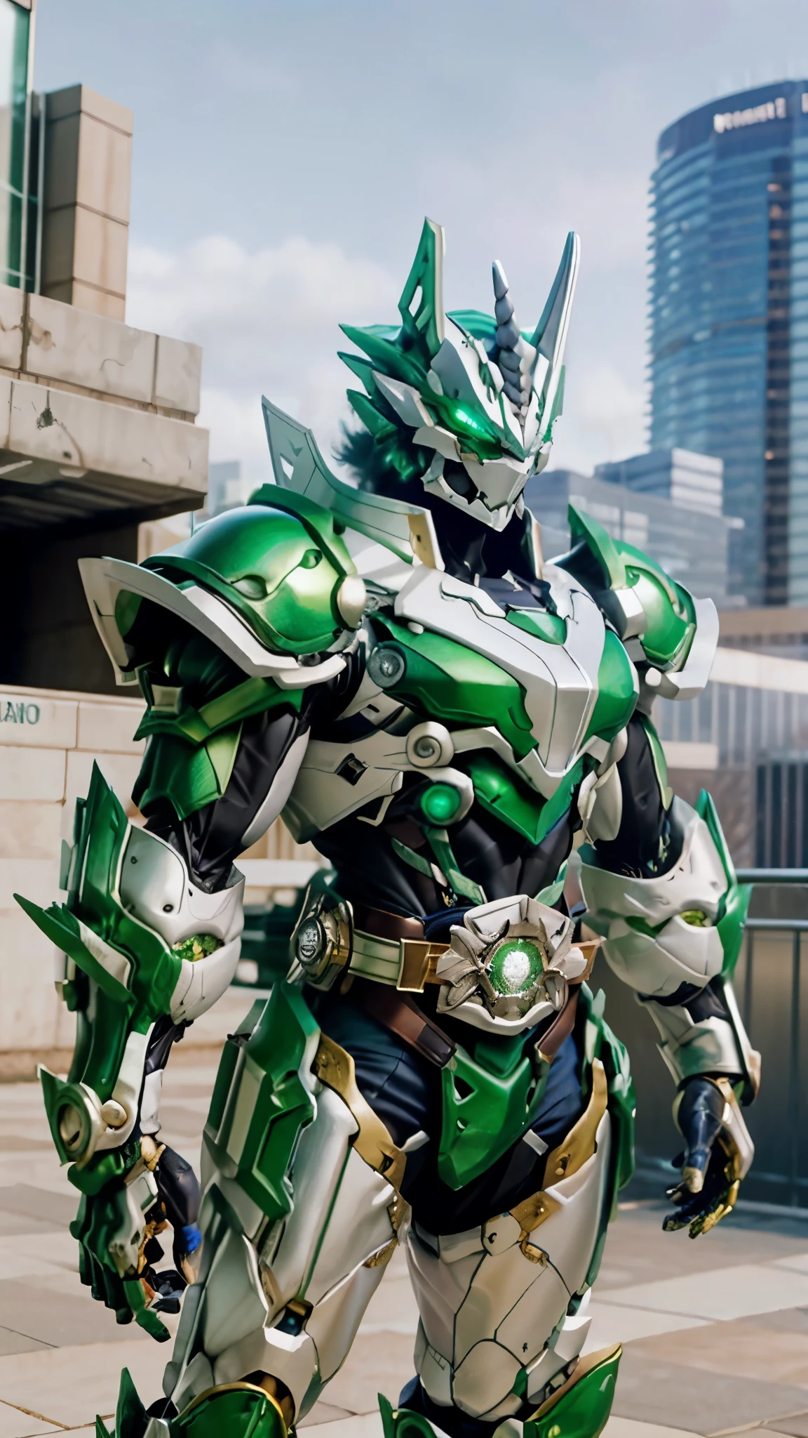 A man wearing a full-face helmet, a fantasy-style biotech armored combat suit, green eyes, (a composite layered chest armor), fully enclosed shoulder guards, matching arm and leg guards, the belt is adorned with Horseshoe-shaped marker, (the color scheme is primarily white with green accents), the design balances heavy with agility, a high-tech bio-mecha armor, (Armor Concept Inspired by Unicorn, stand on the top of a skyscraper in a futuristic sci-fi city), this character embodies a finely crafted fantasy-surreal style armored hero in anime style, exquisite and mature manga art style, (battle damage, element, plasma, energy, the armor glows), ((male:1.5)), metallic, real texture material, dramatic, high definition, best quality, highres, ultra-detailed, ultra-fine painting, extremely delicate, professional, perfect body proportions, golden ratio, anatomically correct, symmetrical face, extremely detailed eyes and face, high quality eyes, creativity, RAW photo, UHD, 32k, Natural light, cinematic lighting, masterpiece-anatomy-perfect, masterpiece:1.5