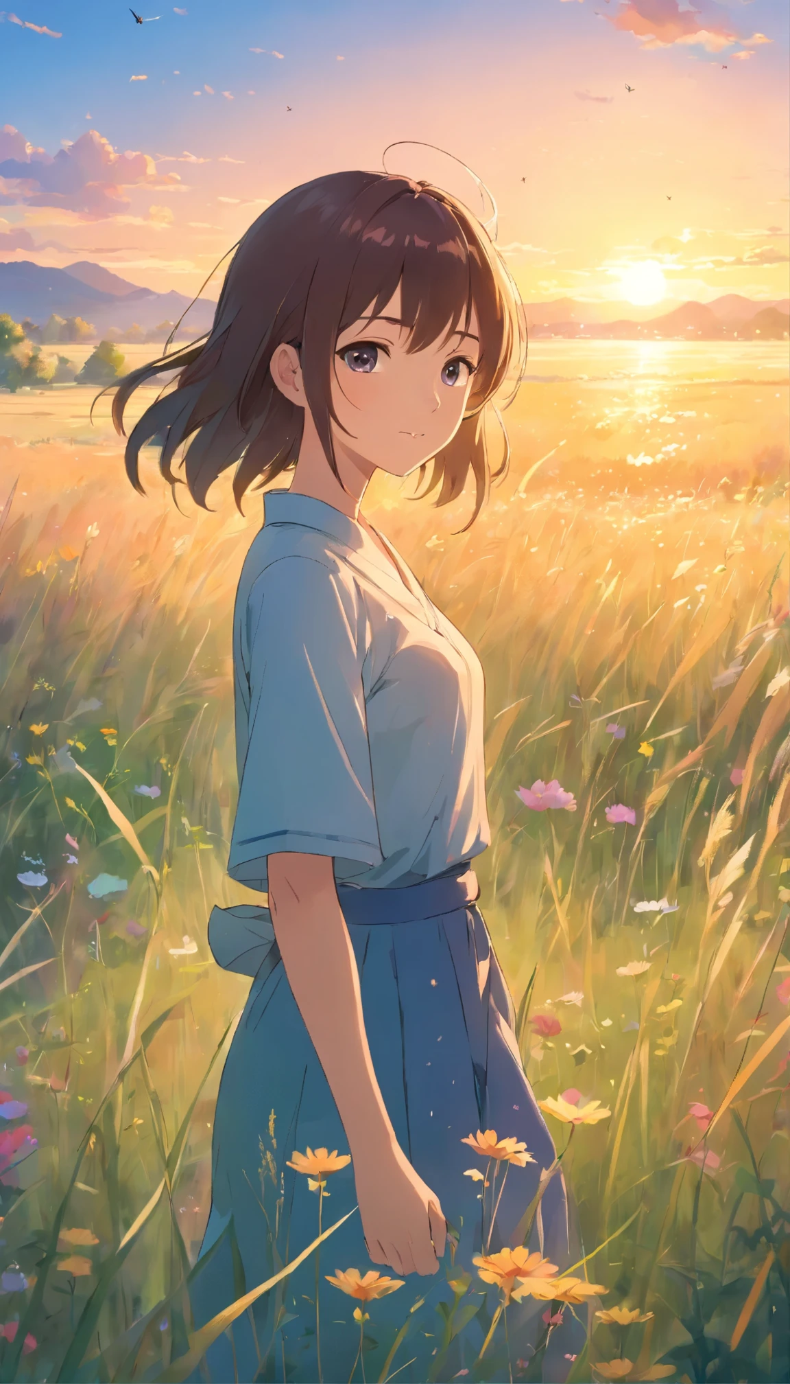 Illustrate a calm meadow at sunrise. The sky is painted with soft pastel colors as the sun begins to rise. Tall grasses and wildflowers fill the foreground, with morning dew glistening on the petals and blades. erflies and bees gently flit among the flowers, adding to the peaceful and natural setting.