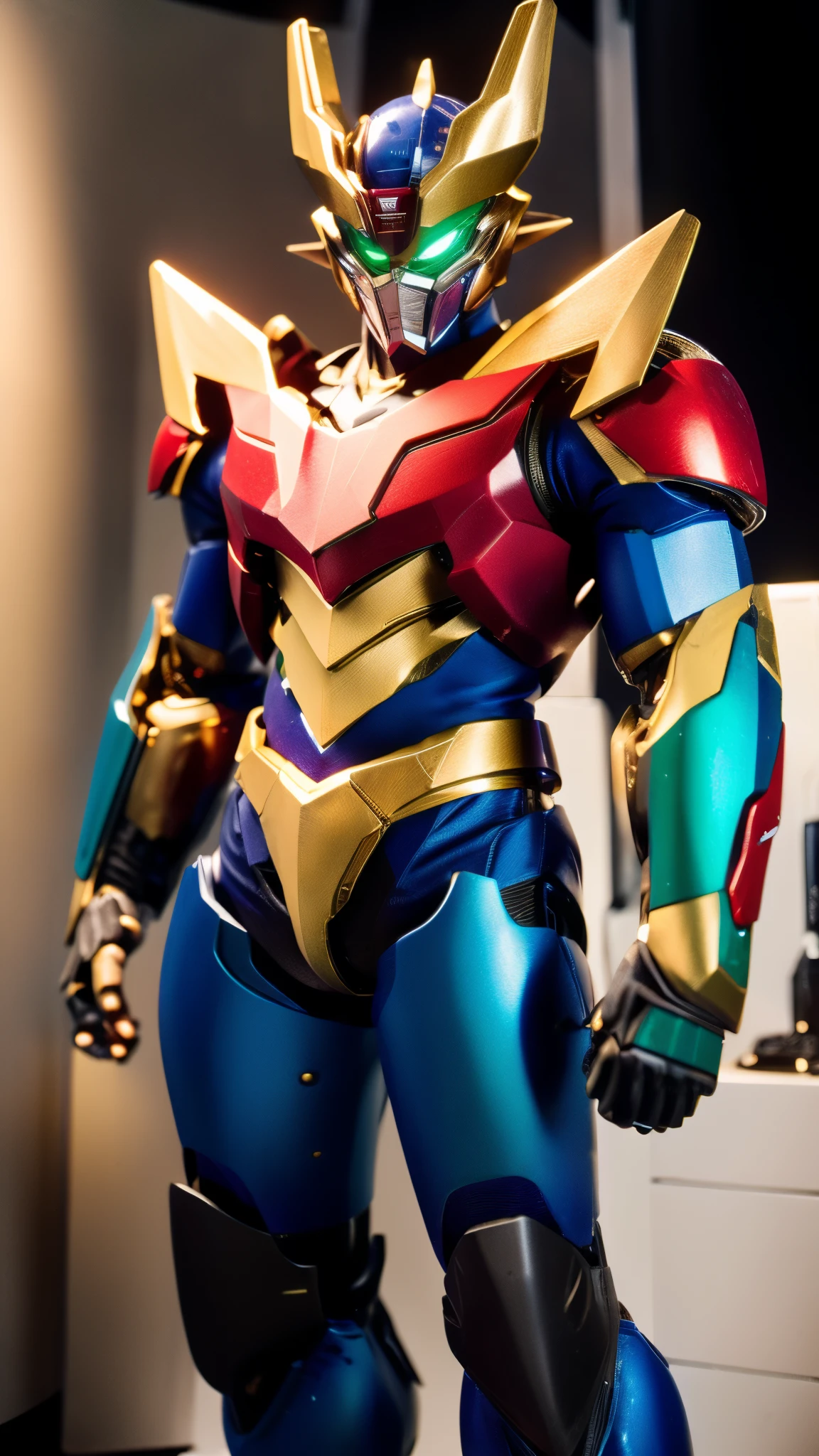 A man wearing a full-face helmet, a fantasy-style biotech armored combat suit, green eyes, (a composite layered chest armor), fully enclosed shoulder guards, matching arm and leg guards, the belt is adorned with Z mark, (the color scheme is primarily white with red and blue accents), the design balances heavy with agility, a high-tech bio-mecha armor, (Armor Concept Inspired by Mazinger Z, stand on the top of a skyscraper in a futuristic sci-fi city), this character embodies a finely crafted fantasy-surreal style armored hero in anime style, exquisite and mature manga art style, (battle damage, element, plasma, energy, the armor glows), ((male:1.5)), metallic, real texture material, dramatic, high definition, best quality, highres, ultra-detailed, ultra-fine painting, extremely delicate, professional, perfect body proportions, golden ratio, anatomically correct, symmetrical face, extremely detailed eyes and face, high quality eyes, creativity, RAW photo, UHD, 32k, Natural light, cinematic lighting, masterpiece-anatomy-perfect, masterpiece:1.5