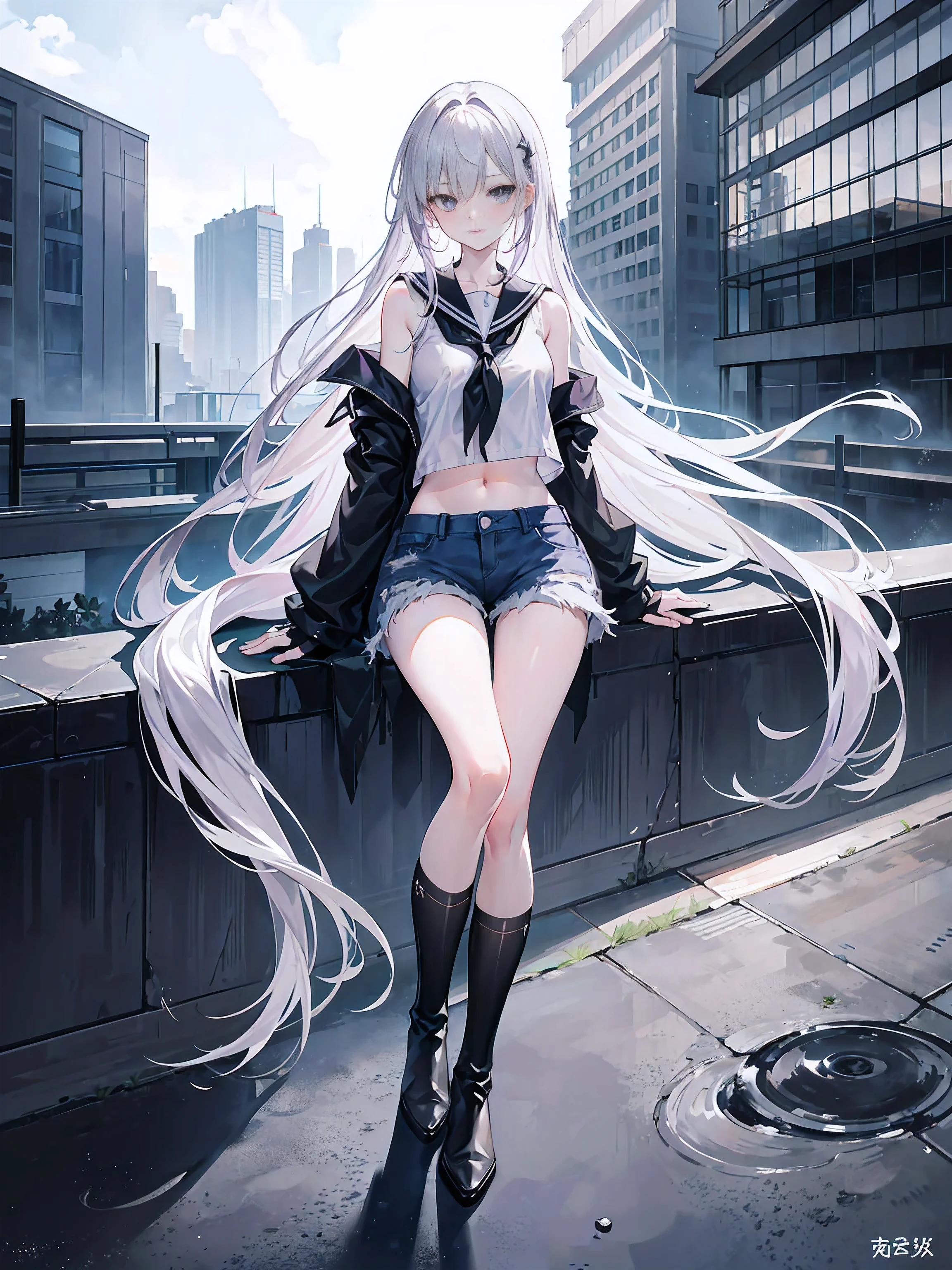 Lilac gradient hair,Asymmetrical hair,（（Hair is very thick 1.8，Clear head outline 1.6））， Hair over the shoulders, Messy hair, Very long hair, Shiny hair，(Long gray hair:1.2),A beautiful girl，（school uniform, Distressed denim shorts，Navel，Bare shoulders）(Separate sleeves,Wide sleeves),(Fingerless gloves)，（Transparent clothes transparent 1.8），Perfect body，Slender thighs，Slender，(Looks sad，Looks haggard ，Grief，shut your mouth：1.2） （With the dark night campus rooftop as the background），（Leaning on the rooftop fence）（Put your hands behind you），（round,Room, Firm breasts），Black leg ring，Knee-high socks，Black boots，float，water surface，（Long Law，Long Law，Long Law，Complete），Full body image，。