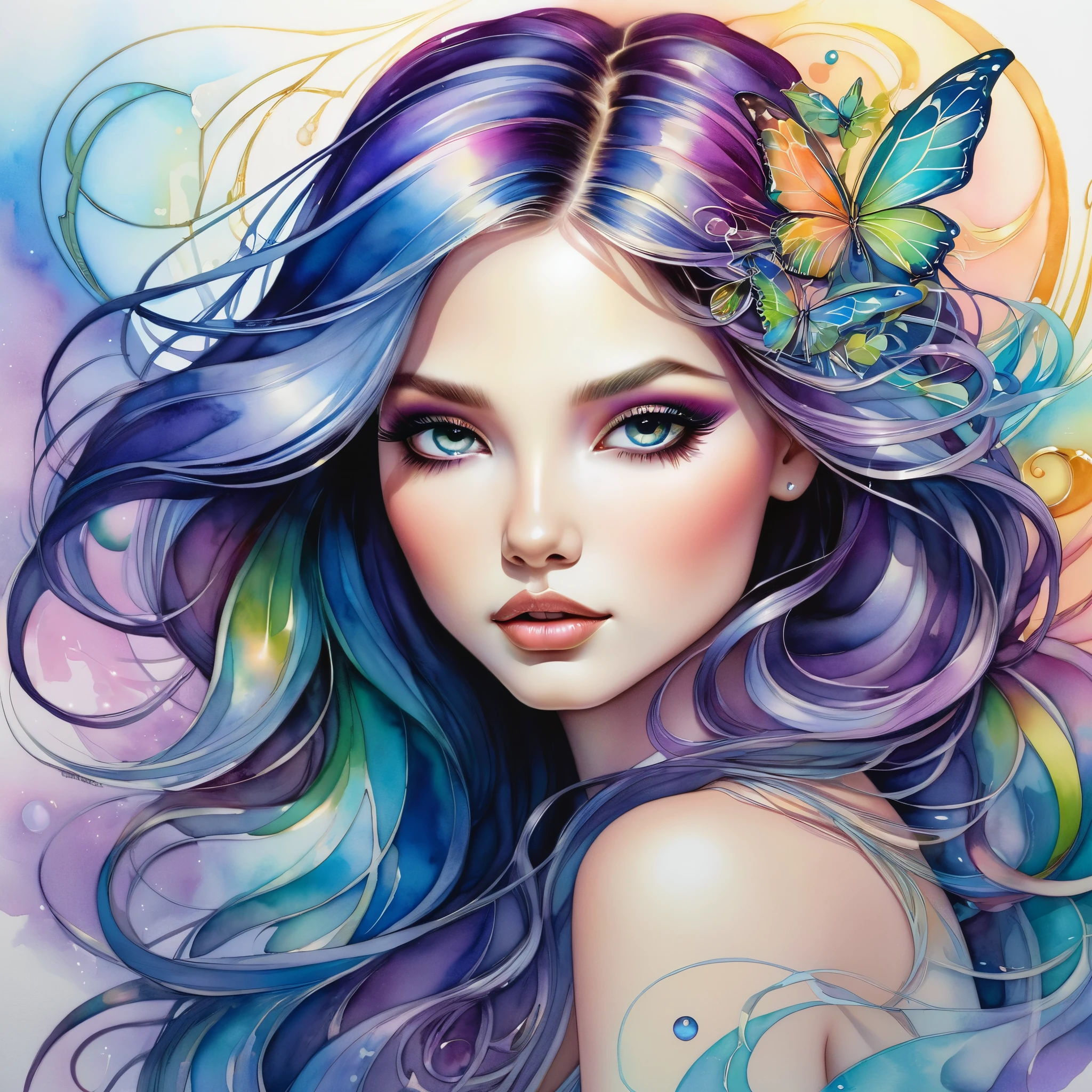 An awe-inspiring watercolor and ink masterpiece inspiring by Jasmine Becket-Griffith featuring an enchanting, ethereal and pretty woman emanating magical energy. Long straight hair frames her face. Extraordinarily well detailed, mysterious, serene and caring face full of compassion. The artwork is alive with pastel hues, rainbow colors, and a double exposure effect, creating a mesmerizing interplay of light and shadow. A soft glow and a mysterious aura around the subject. Drawing inspiration from the styles Artgerm, this piece showcases delicate brushstrokes, vivid light effects, and an intricate interplay of dark fantasy elements. The HDR 8K, SSAO, and high-definition rendering enhance the vibrant colors and artistic details, making this illustration truly out of this world, fashionable, and immersive. Golden ratio in the proportions.