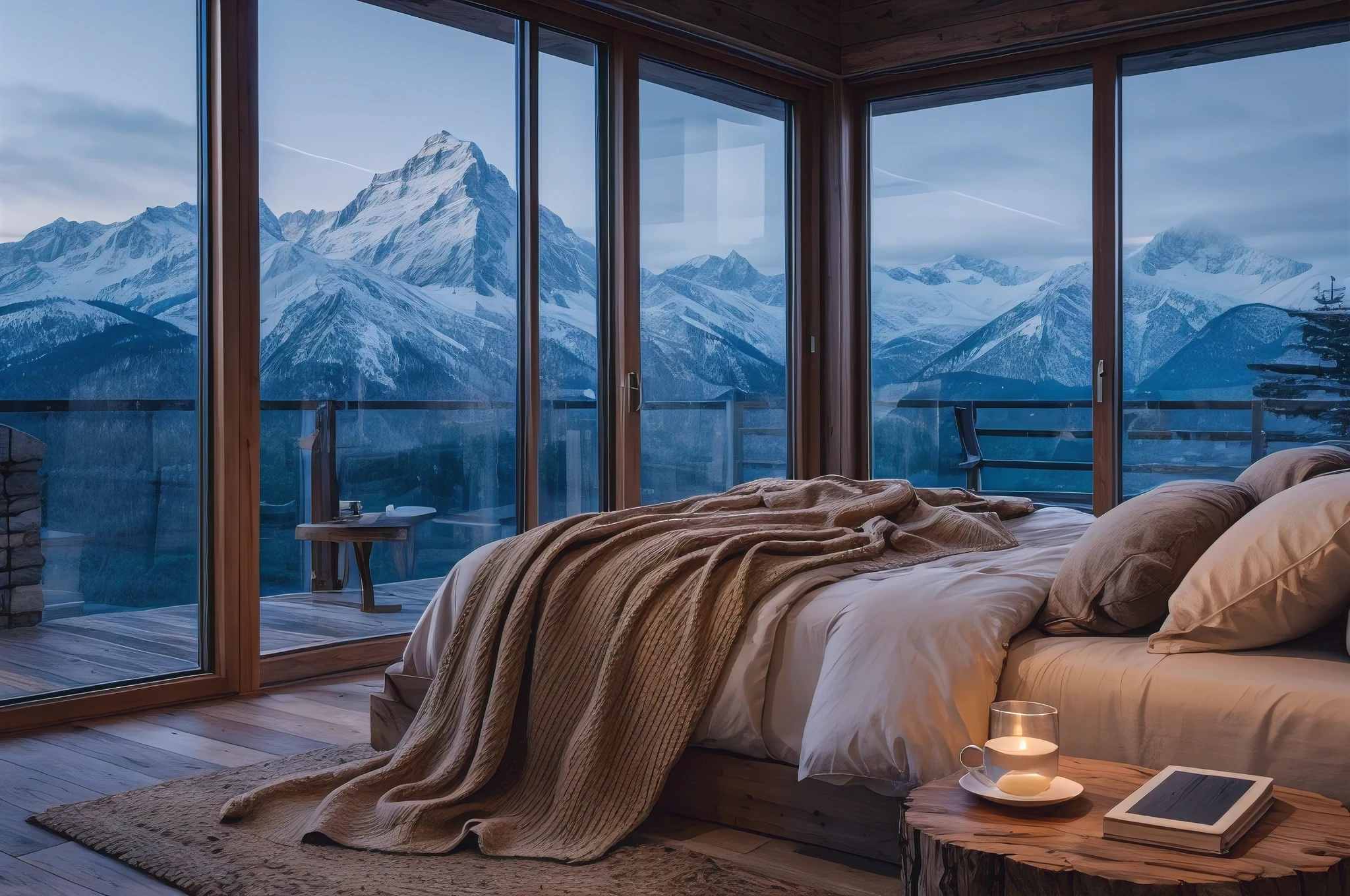 A serene and cozy bedroom scene with floor-to-ceiling windows showcasing a breathtaking view of the majestic Alps mountains. The bedroom is tastefully decorated with a plush king-size bed, warm blankets, and soft lighting. There is a rustic wooden side table with a steaming cup of tea and a good book. The mountain view outside is covered in a light dusting of snow, creating a tranquil and inviting atmosphere.