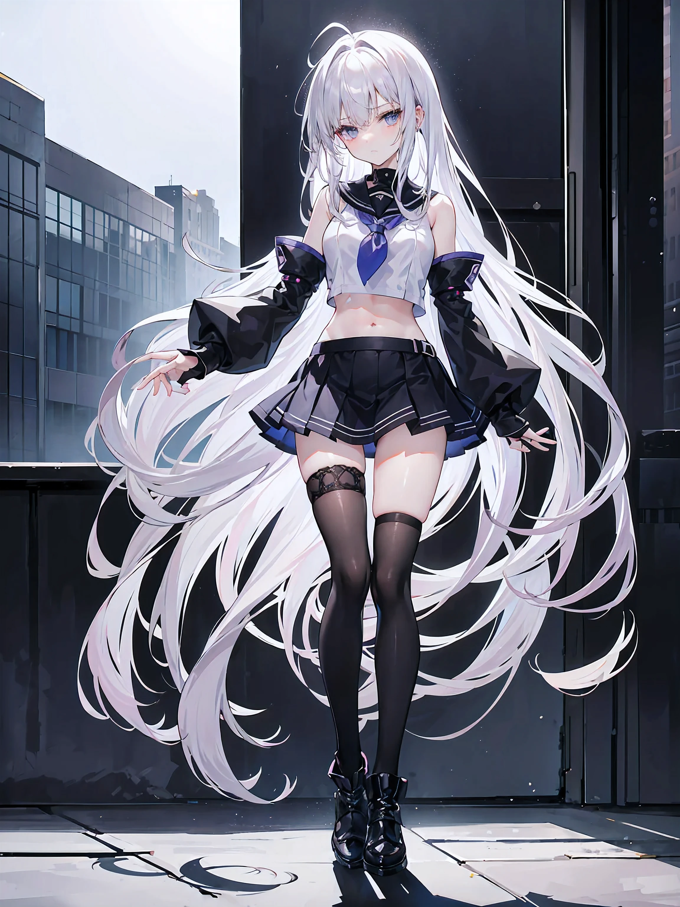 (With the dark night campus rooftop as the background),(Lilac gradient hair leaning on the fence of the roof,Asymmetrical hair,((Hair is very thick 1.8,Clear head outline 1.6)), Hair over the shoulders, Messy hair, Very long hair, Shiny hair,(Long gray hair:1.2),A beautiful girl,( school uniform,Broken short skirt,Navel,Bare shoulders)(Separate sleeves,Wide sleeves,Cuffs open),(Fingerless gloves),(Transparent clothes transparent 1.8),Perfect body,Slender thighs,Slender,(Looks sad,Looks haggard ,Grief,shut your mouth:1.2) )(Put your hands behind you),(round,Room, Firm breasts),Black leg ring,Knee-high socks,Black boots,(Long Law,Long Law,Long Law,Complete),Full body image,。