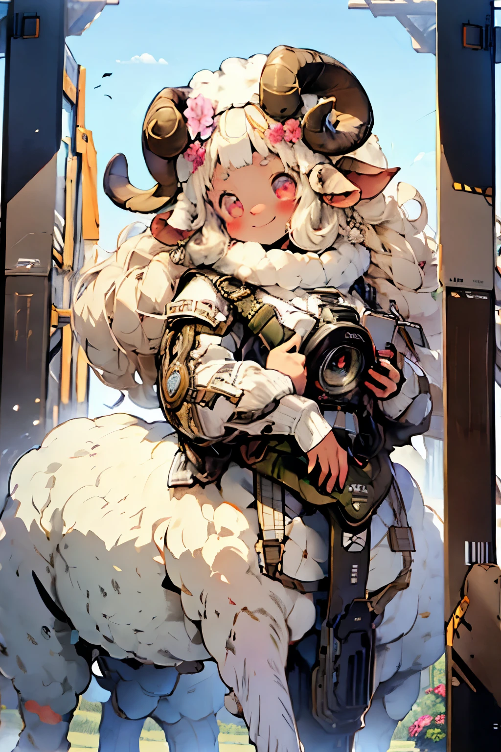 (best quality,4k,8k,highres,masterpiece:1.2),ultra-detailed,realistic,fluffy sheep centaur,cartoon style,digital illustration,white wool,curly hair,lush green meadow,curved horns,gentle expression,human torso and legs,hooves,cute and friendly,friendly smile,magical atmosphere,soft and warm lighting,colorful flowers in the background,peaceful and serene ambiance, no extra handscomplete the eyes