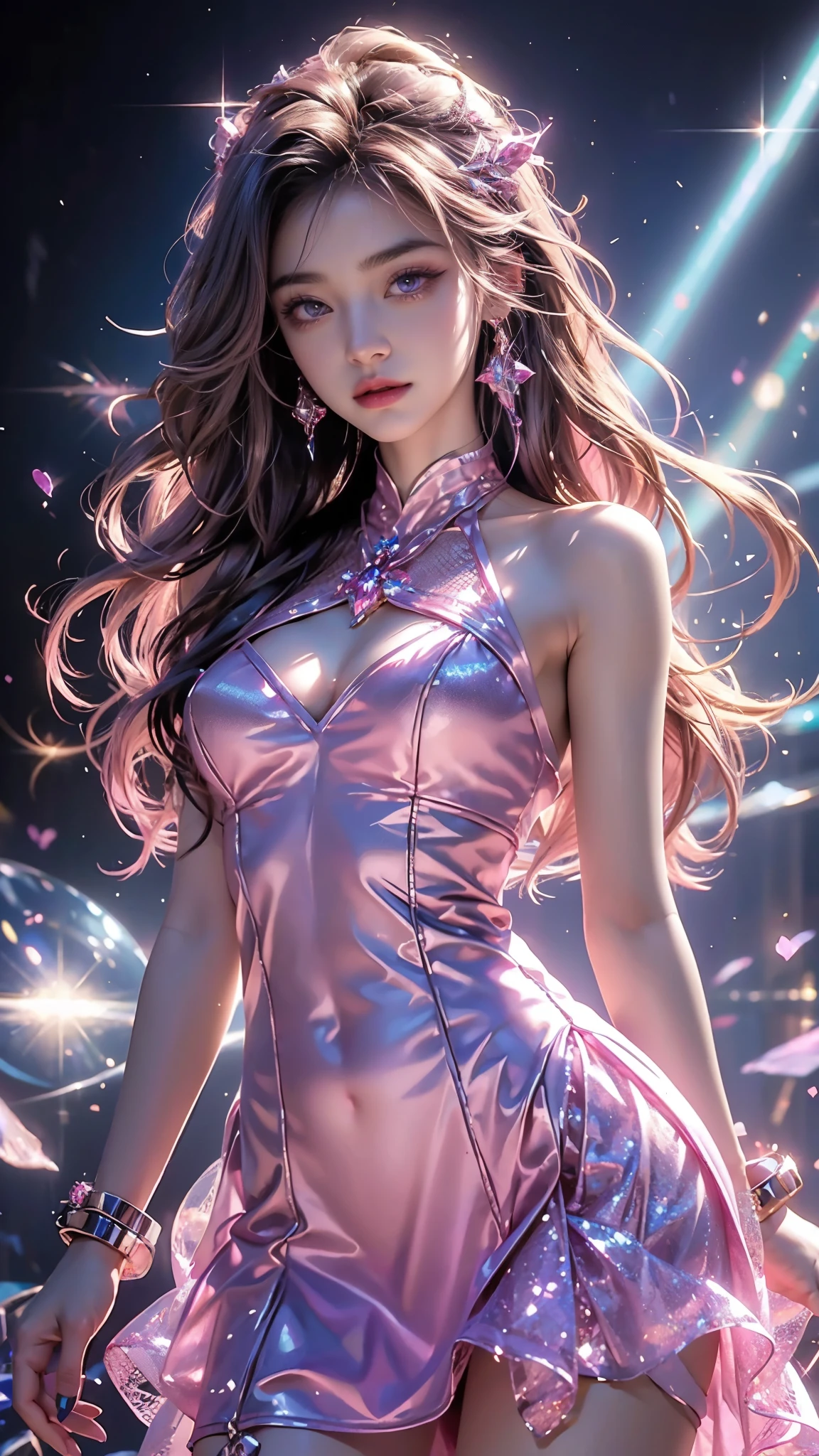 4K, UHD, masterpiece, Best quality, 1 girl, detailed face, detailed eyes, realistic Eyelid, Kda, Alone, very Long hair, small , ((pink sparkle dress)), ankle-length skirt, ((mesh sardius)), (bare navel), looking at viewert, Multicolored glowing crystals, heart sparkle, neon sparkle, bloom, ray tracing, god rays, HDR, DSLR,