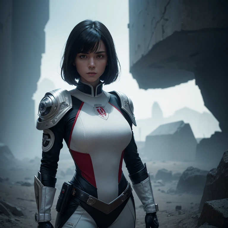 a woman in a white [outfit:uniform] ,epaullettes, (red handprint on her chest ),(black long haircut), standing in front of a dark sky, lotara sarrin, Aleksi Briclot, western comic book art, a character portrait, art by angus mckie, (intricate details), (hyperdetailed), 8k hdr, soft cinematic light, dramatic atmosphere, atmospheric perspective