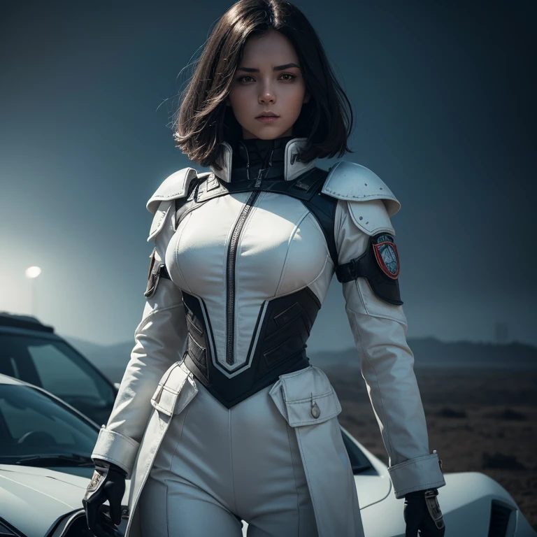 a woman in a white [outfit:uniform] ,epaullettes, (red handprint on her chest ),(black long haircut), standing in front of a dark sky, lotara sarrin, Aleksi Briclot, western comic book art, a character portrait, art by angus mckie, (intricate details), (hyperdetailed), 8k hdr, soft cinematic light, dramatic atmosphere, atmospheric perspective